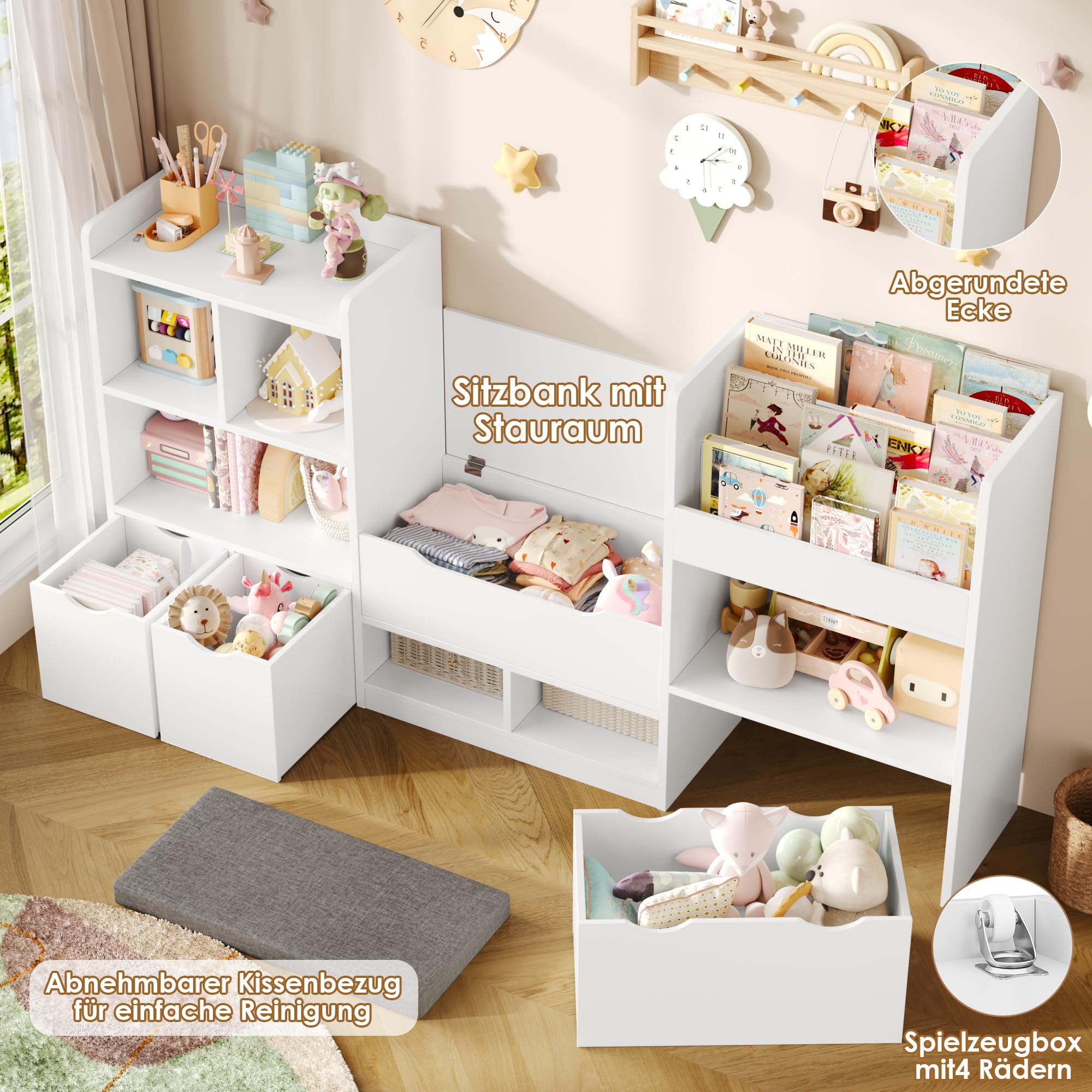 FOREHILL 183cm Breit Kinderregal mit Sitzbank, Kinderzimmer Möbel mit 3 Aufbewahrungsboxen für Spielzeug Bücherregal für Kinder mit 3 Ebenen, Regal für Kinderzimmer Leseecke 183,5x94,5x29,8 cm Weiß