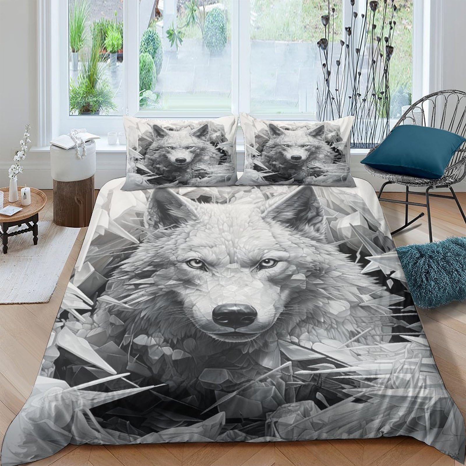 Housse de couette loup 3D anti-plis en microfibre douce avec fermeture zippée
