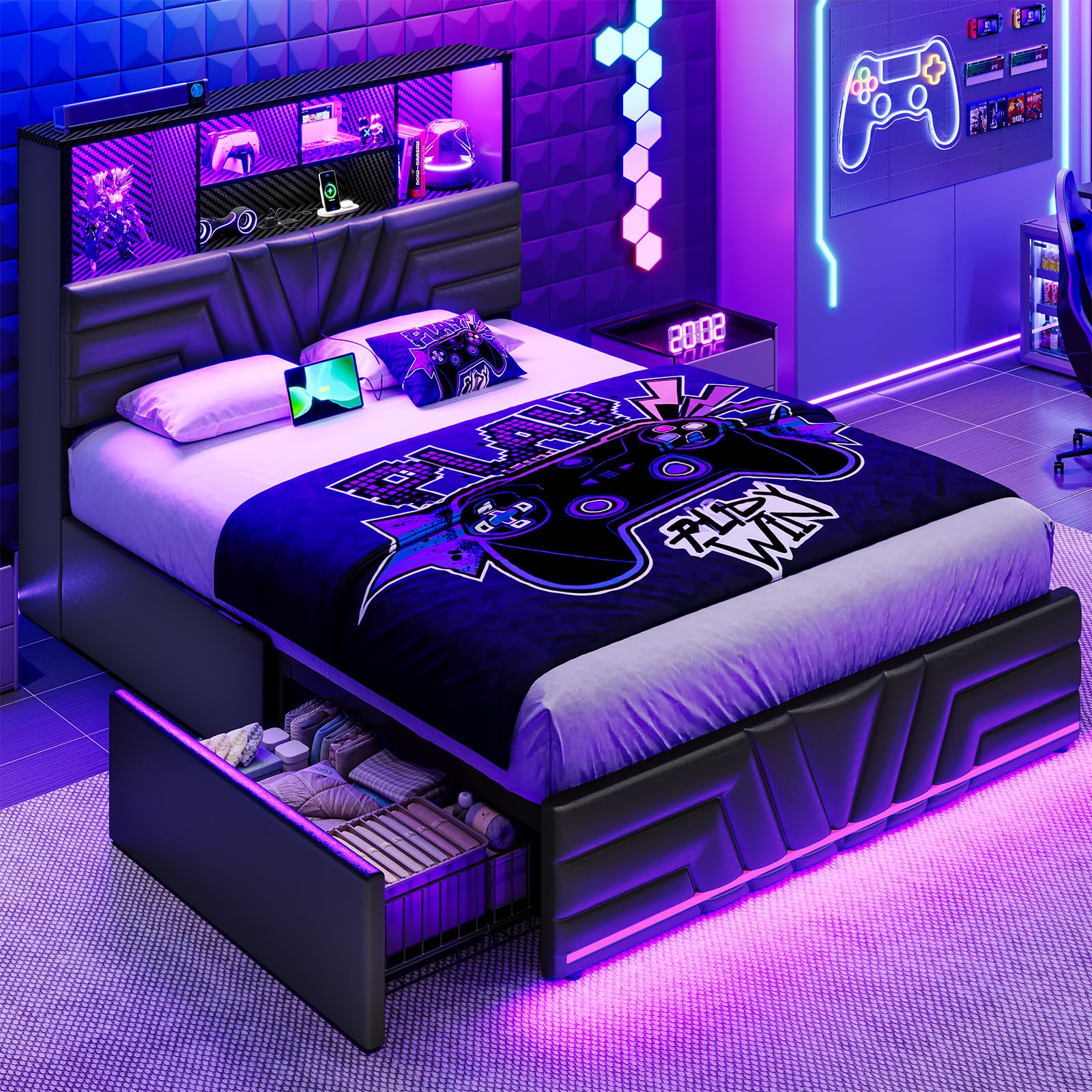 DICTAC Full Size Bed Frame with 4 Drawers and Storage Headboard, Gaming Bed with RGB Lights and Charging Station, Esports-Style Bed, Leather Upholstered Platform Bed, No Box Spring Needed, Black
