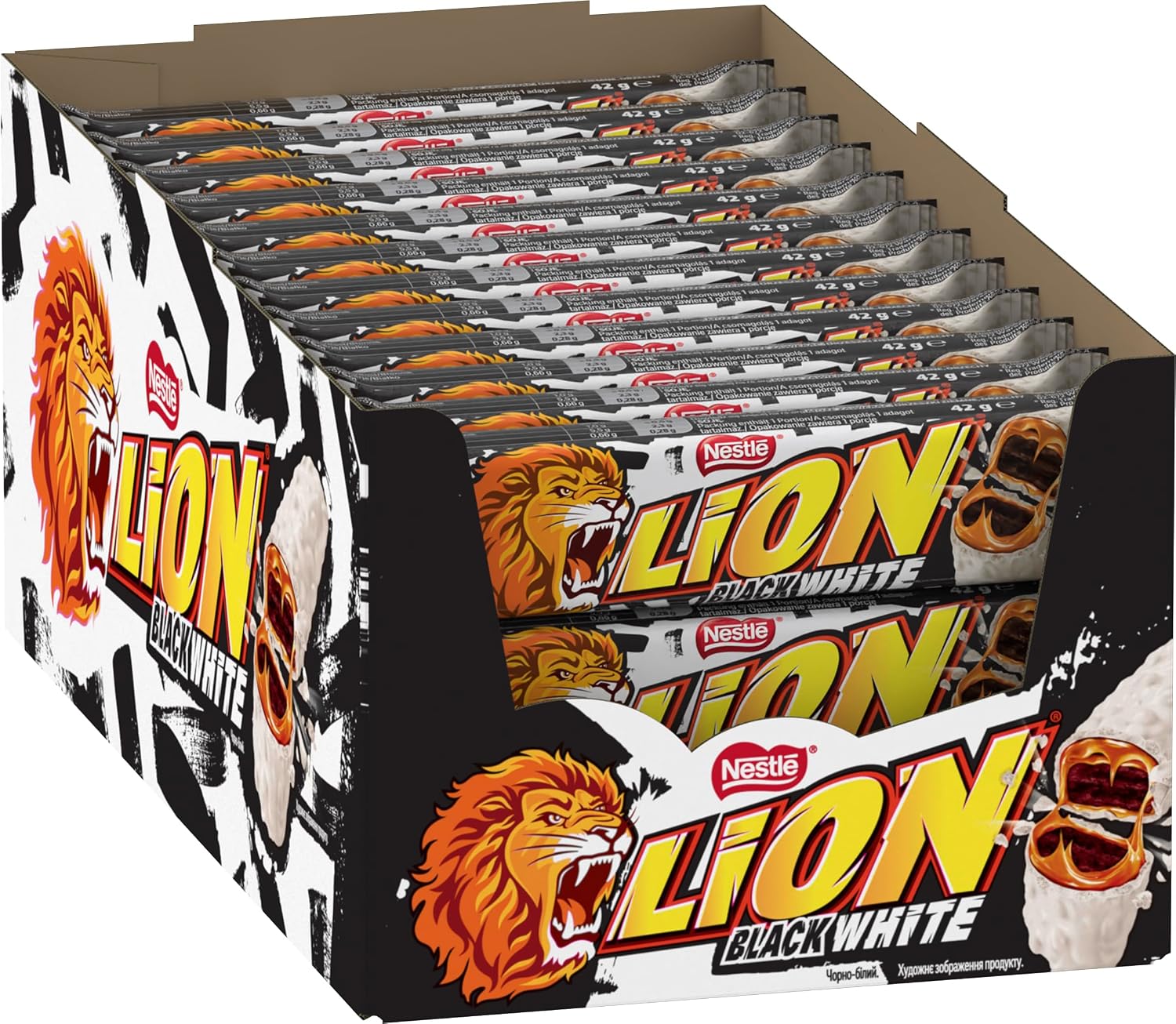 Nestl  LION Schokoriegel Black & White Snack mit Biss knackige Schokolade & knusprige Crisps Brownie-F llung das besondere Bei erlebnis 24er Pack 24 x 42g