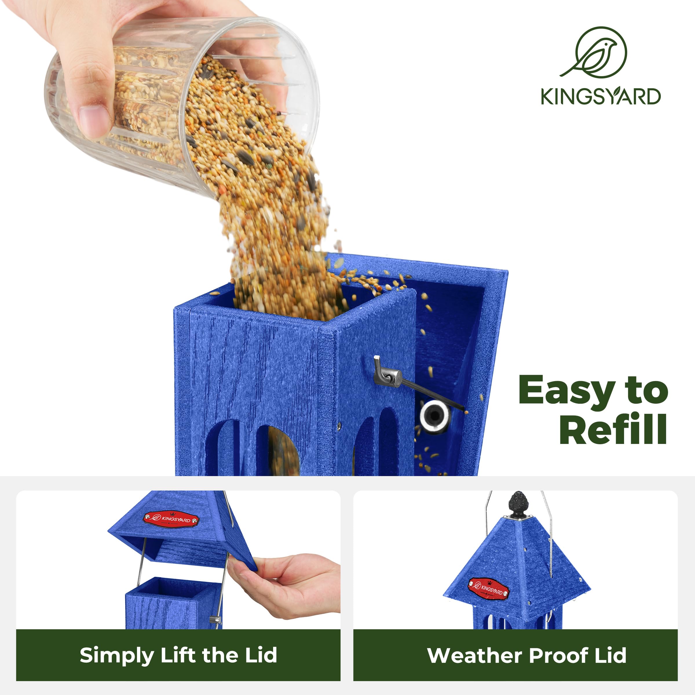 Kingsyard Comedero impermeable para pájaros para colgar al aire libre, comedero de plástico reciclado para pájaros silvestres con 4 puertos de metal, decoración de jardín para pinzones cardenales,