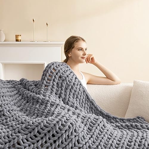 Miniatura 4 de HBlife Manta de punto grueso de 40 x 40 pulgadas, súper cálida y suave, manta de punto trenzado de hilo de felpilla, manta bohemia gigante acogedora