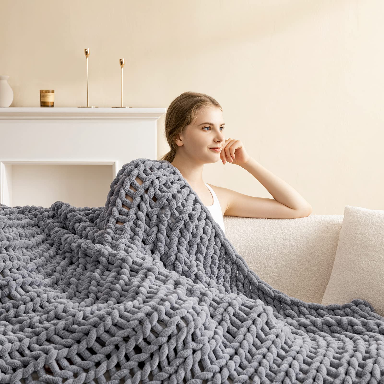 HBlife Grobstrickdecke 152x203 Cm – Kuschelige Chenille-Decke In Sturmgrau Für Sofa & Bett