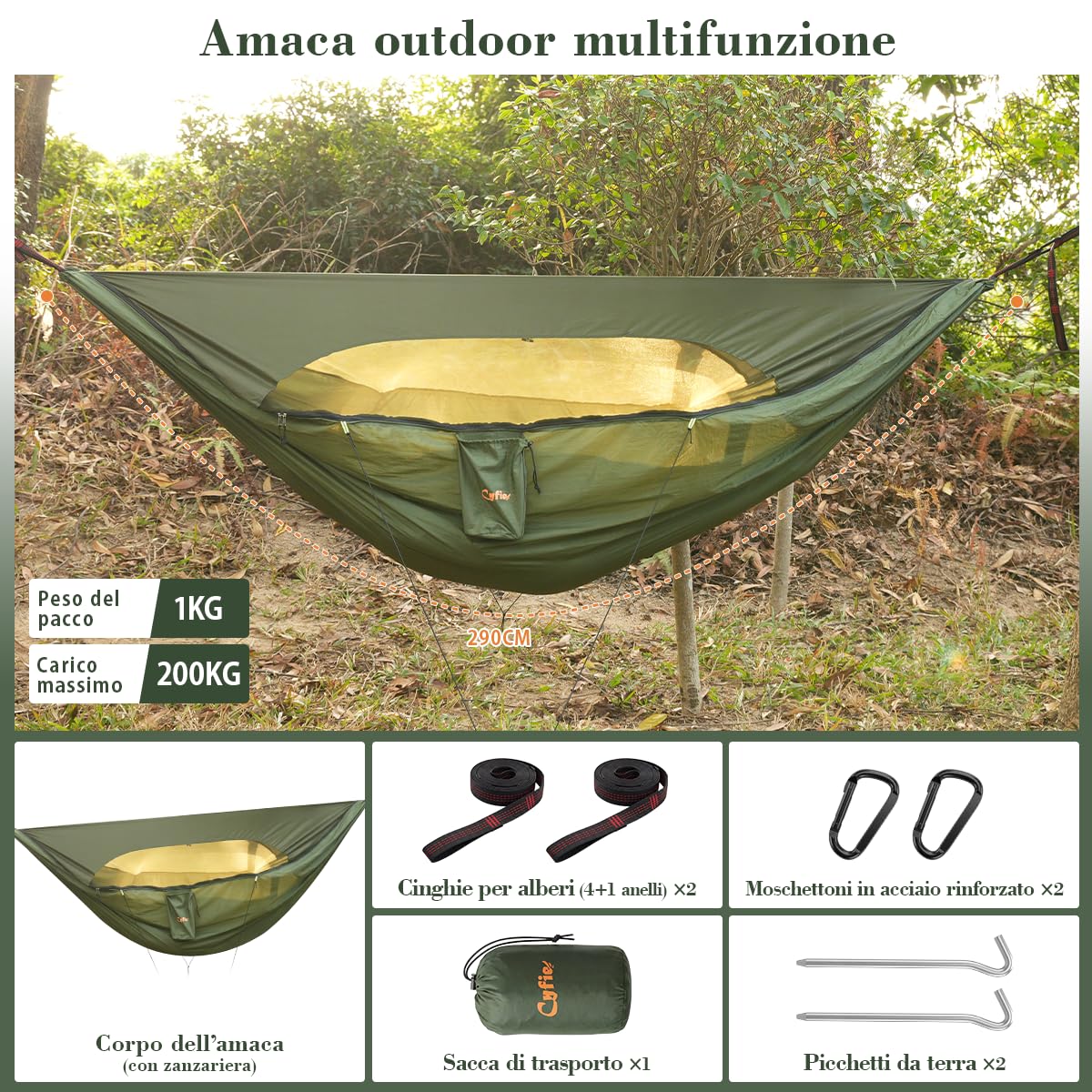 CYFIE Amaca da campeggio con zanzariera e telo parasole - amaca leggera e portatile da trekking - 290 x 140 cm, portata massima 200 kg, per esterni, cortile e campeggio
