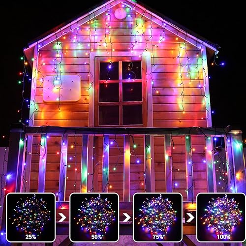 Miniatura 2 de Toodour Luces de carámbano para exteriores, 29.5 pies, 360 luces LED de Navidad, cable verde oscuro, cortina de ventana impermeable, luces