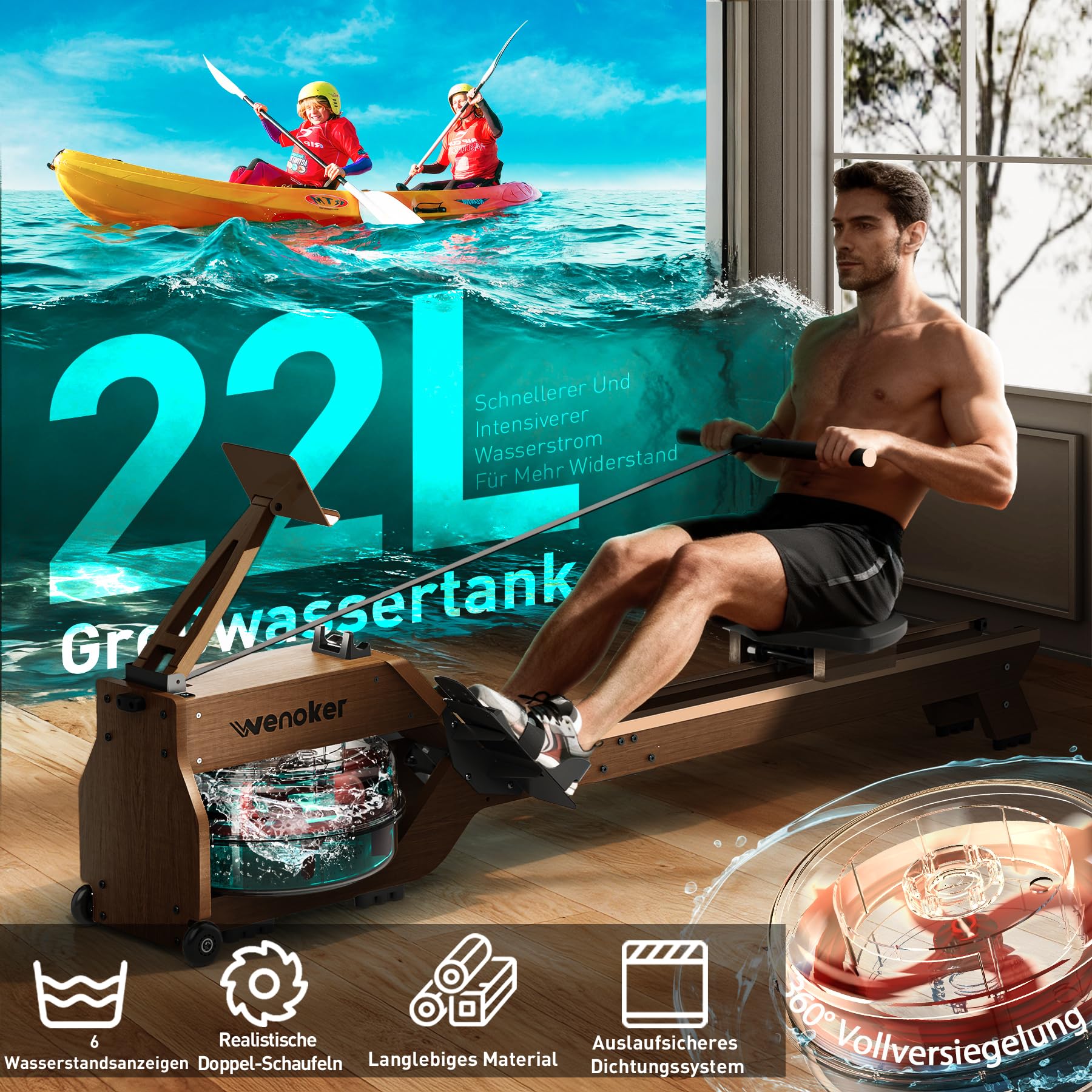 [2026] Wenoker Wasser Rudergerät für Zuhause + 22L Extra-großer Wassertank | LED Knob Display, Bluetooth App, FSC Massiv Eiche, Verbesserte Doppelschienen, Vertikal verstaubar