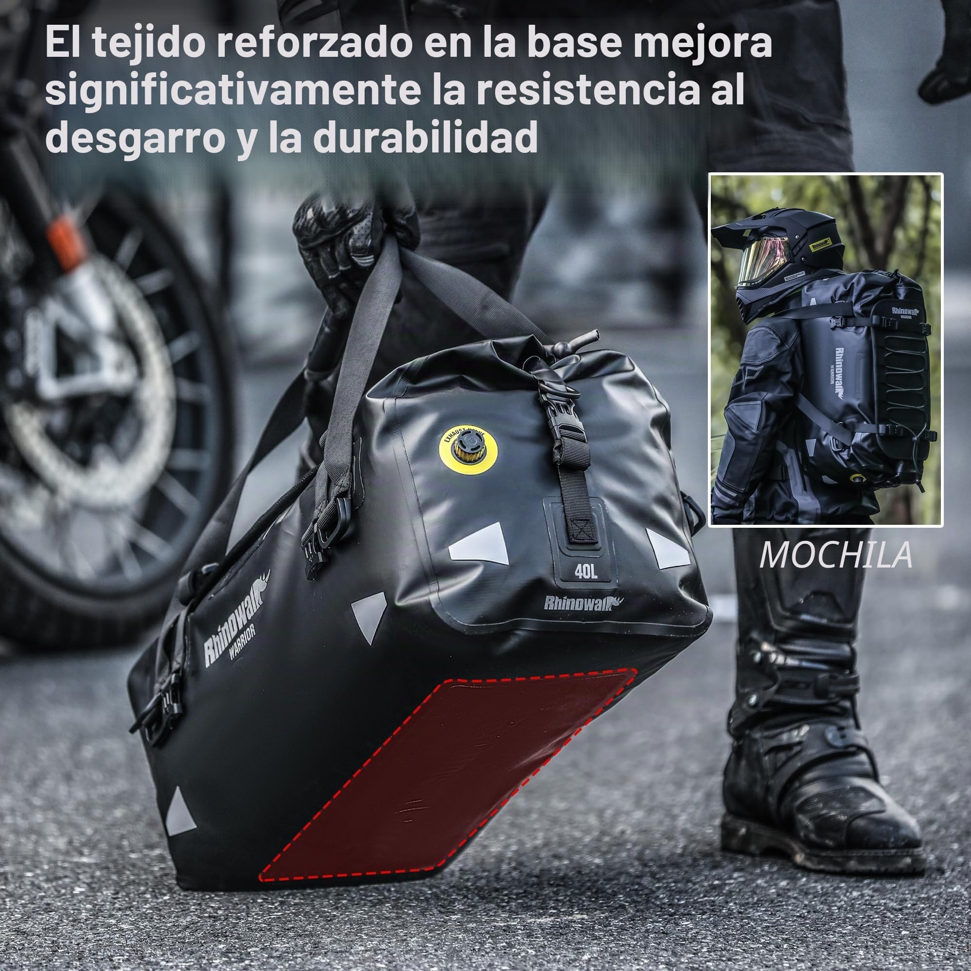 Bolsa trasera para moto Rhinowalk, equipaje de viaje impermeable para motocicleta con gran capacidad de almacenamiento para camping, navegación en bote, ciclismo, 40L - Negro