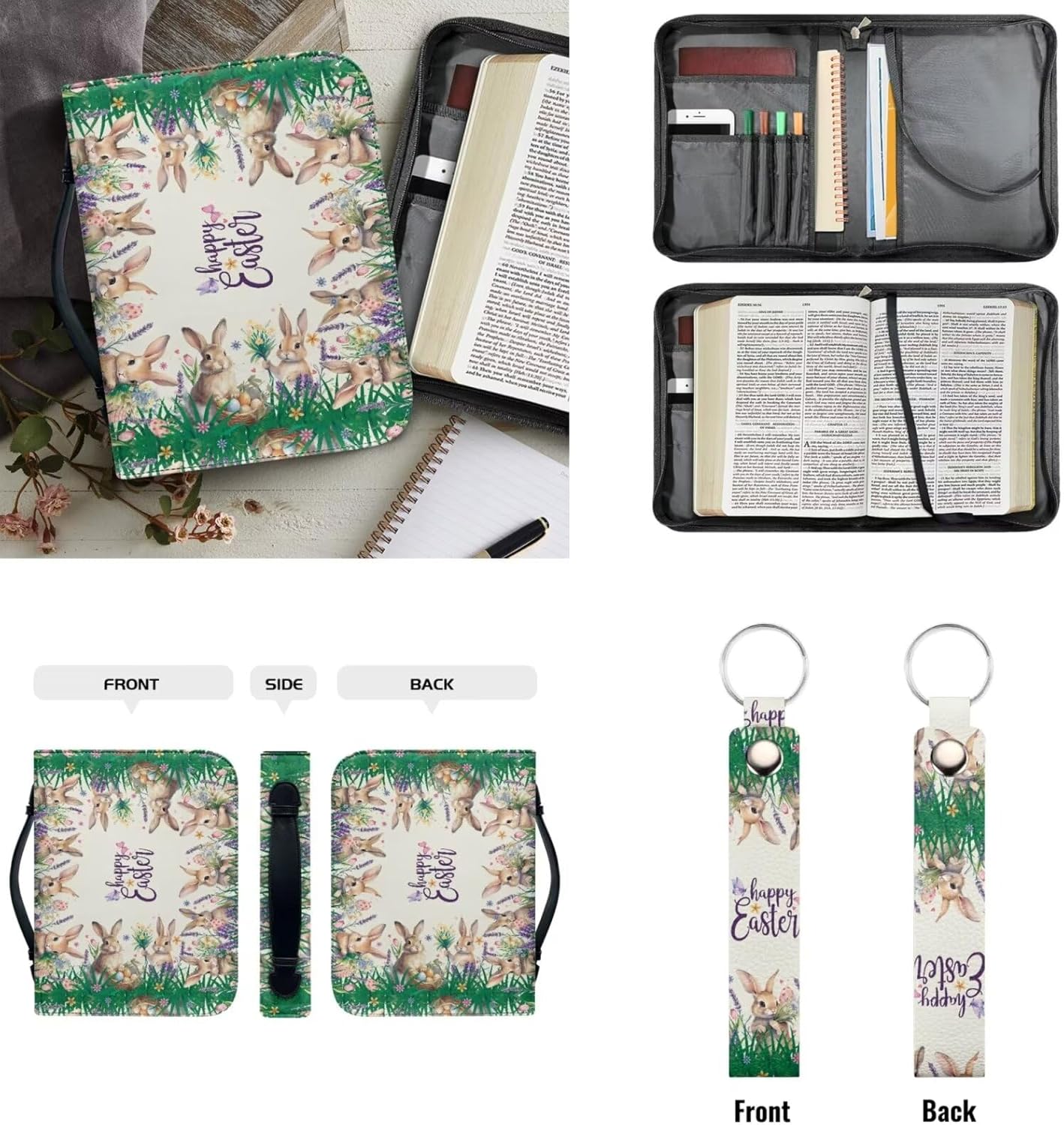 Kuiaobaty Happy Easter Print Bible Case Bible Covers with Matched Leather Keychain Leather Protective Carrying Bible Holder for Women Men Kids Teens Tote Bags for Storage Pens Bible Books Tablet