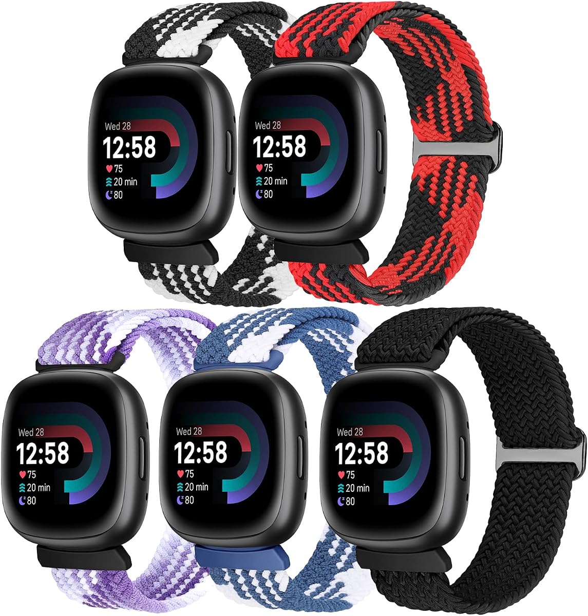 5 Pack Nylon Solo Loop Band Compatible With Fitbit Sense, Versa 3, Versa 4 Bands for Women & Men, Adjustable Sport Stretchy Replacement Straps for Fitbit Smartwatch
