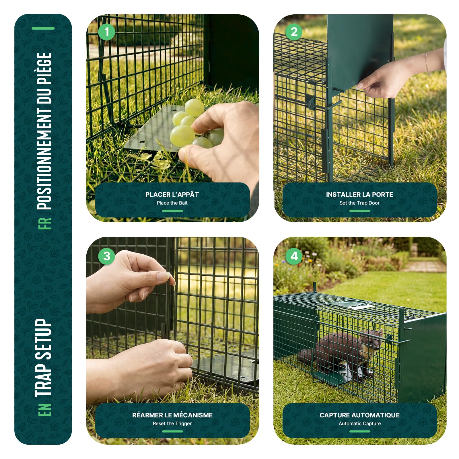 Piège à Animaux Vivants 80x26x34cm Cage de Capture sans Cruauté Réutilisable pour Rats Fouines Lapins Renard Vert