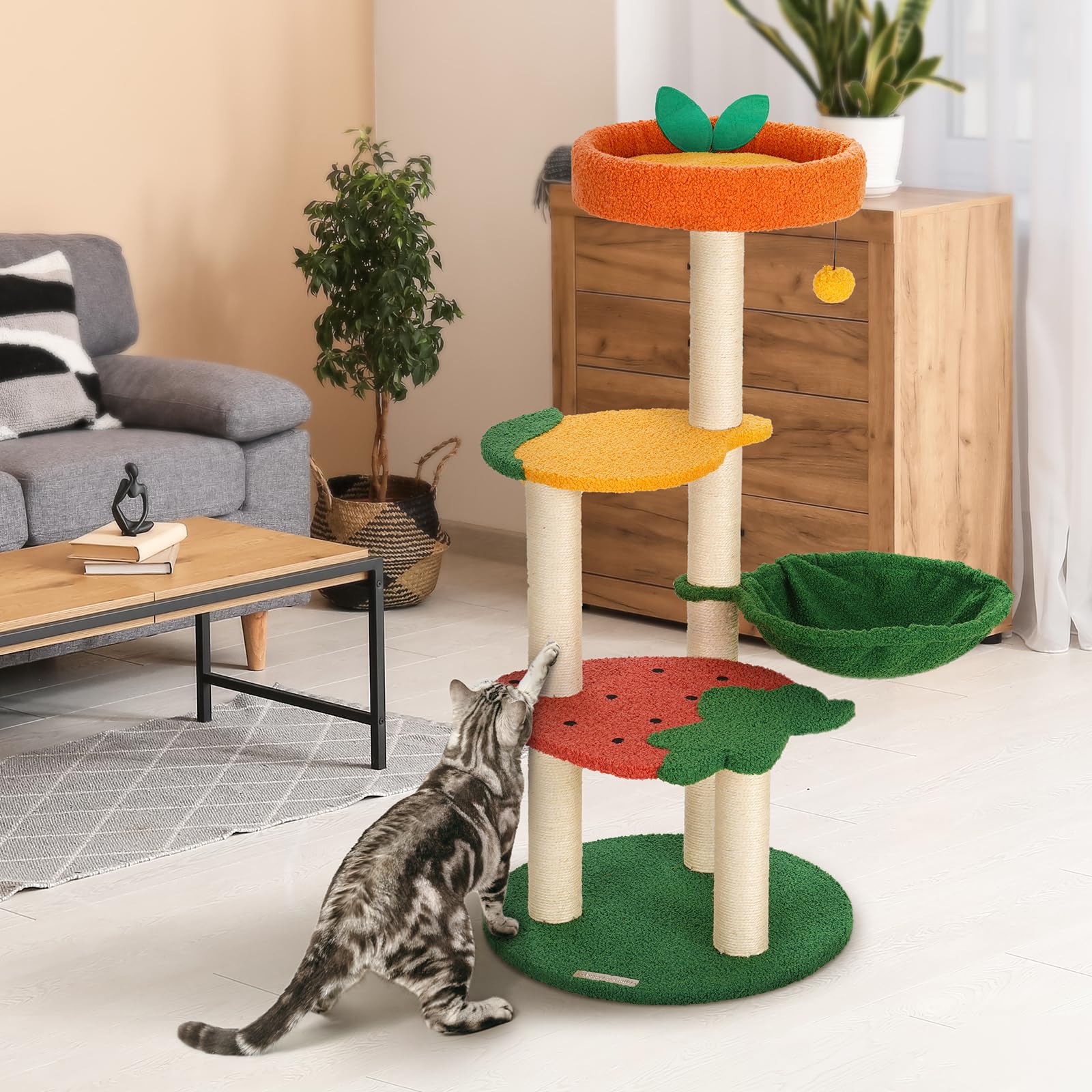 Happy & Polly Cute Cat Tree - 40.5" Fruit World Cat Tower for Indoor Cats, Cat Tree Condo with Sisal Scratching Posts, Cozy Hammock, Plush Strawberry Perches, Kitten Cat Tree Tower Activity Center