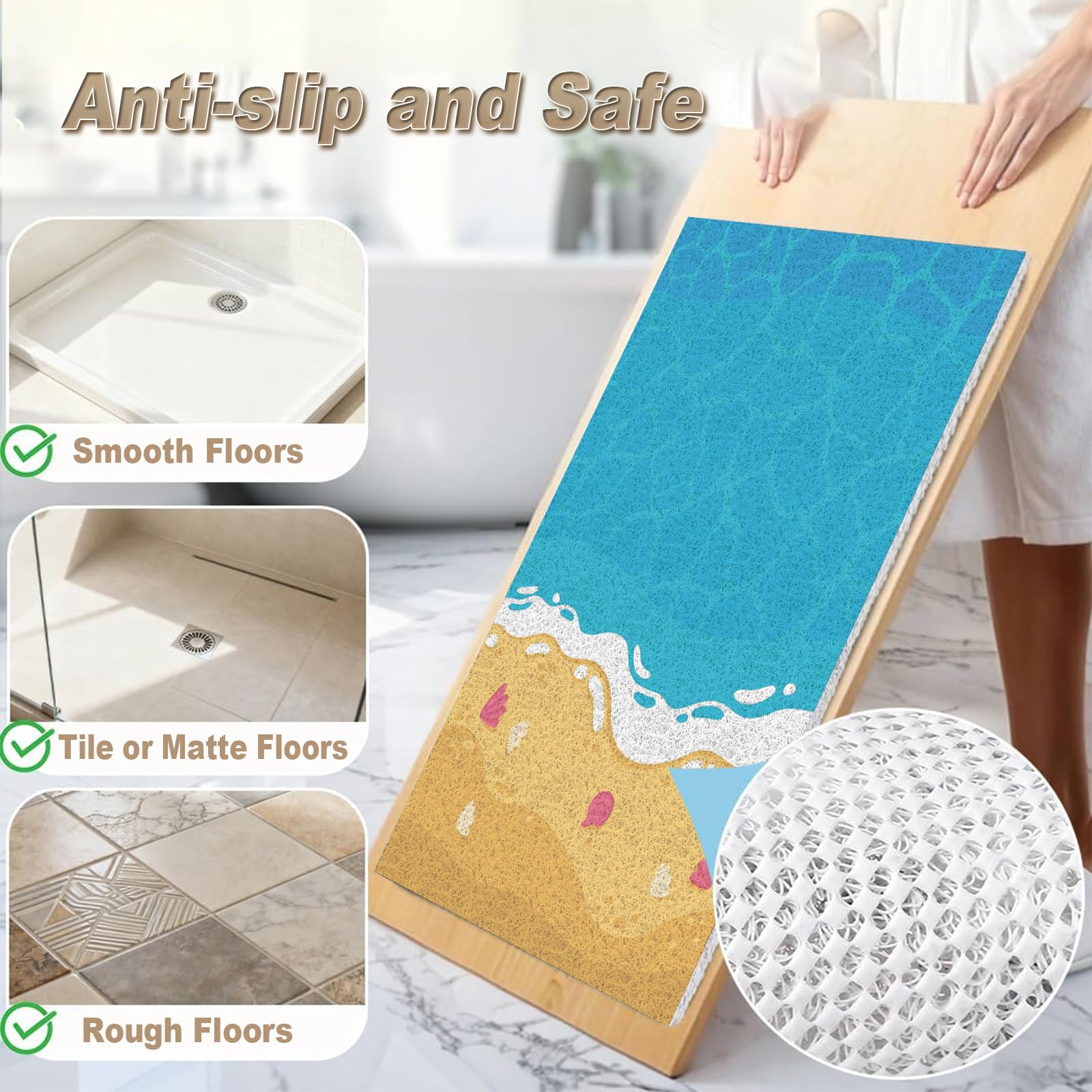 Tapis de bain antidérapant extra long pour l'intérieur, en luffa en PVC souple avec drainage, séchage rapide pour zone humide, sans ventouse, 80 x 120 cm, jaune bleu