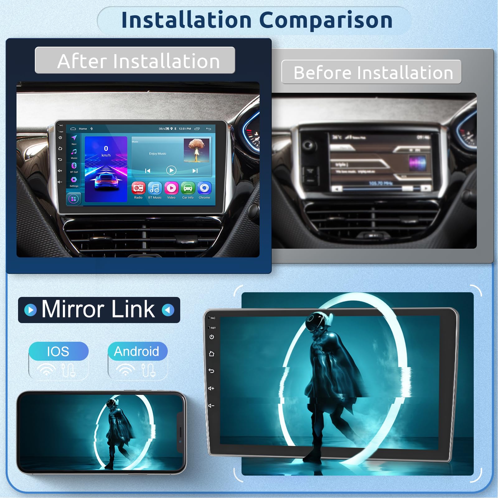 【2+64G】 Hodozzy Carplay Android Auto Autoradio pour Peugeot 208/2008 2012 2013 2014 2015 2016 2017 2018,10 Pouce Touchsreen Bluetooth Poste Radio Voiture avec GPS/WiFi/RDS/FM/USB
