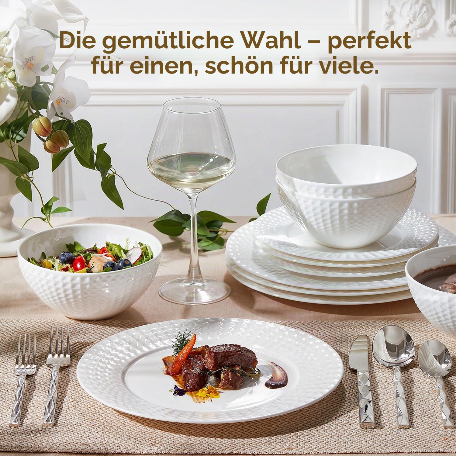 HIKAA Knochenporzellan Geschirrset 6 Personen, 18-teiliges Teller Set Mikrowellen und Spülmaschinenfest, Tafelservice mit Rhombusförmigem Randdesign, Kombiservice für Familie, Feiertag, (Weiß)