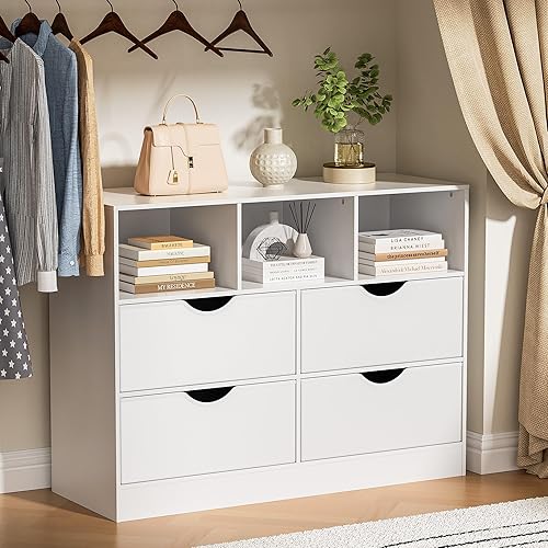 Cómoda de 4 Cajones con Cubo Abierto, Cajonera Blanca para Dormitorio, Cómoda de Cajones de Tela PU Organizador Grande, 4 Cajones, Blanco