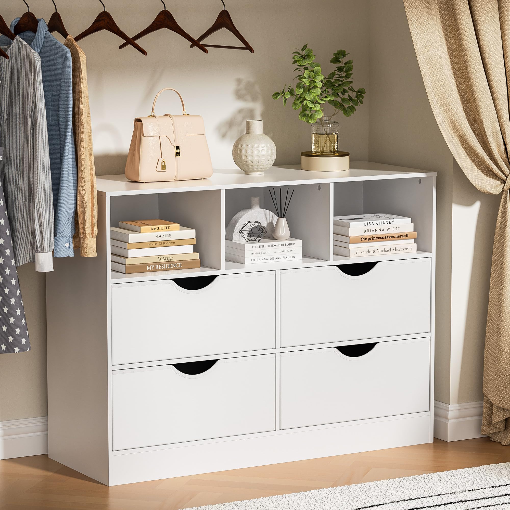 Amazon.com: Housoul 4 Drawers Dresser with Open Cube, White Chest of Drawers  for Bedroom, Fabric PU Closet Drawer Dresser Large Organizer, 4 Drawers,  White : Home & Kitchen