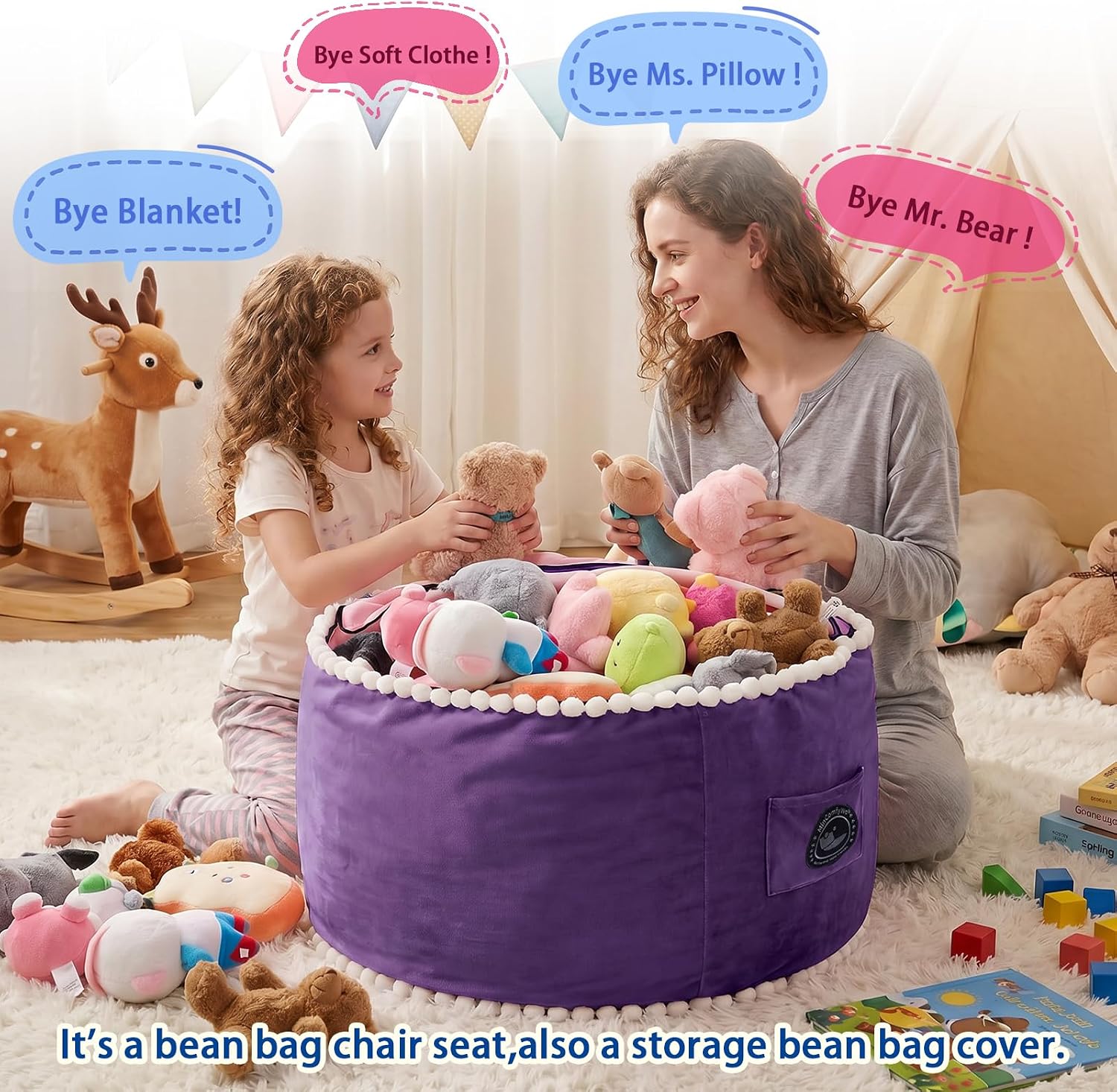 3FT Bean Bag Chairs for Adults,Memory Foam Bean Bag with Removable Purple Stuffed Animal Toy Storage Cover,Cute Decor for Bedroom Playroom Dorm Bean Bag Sofa