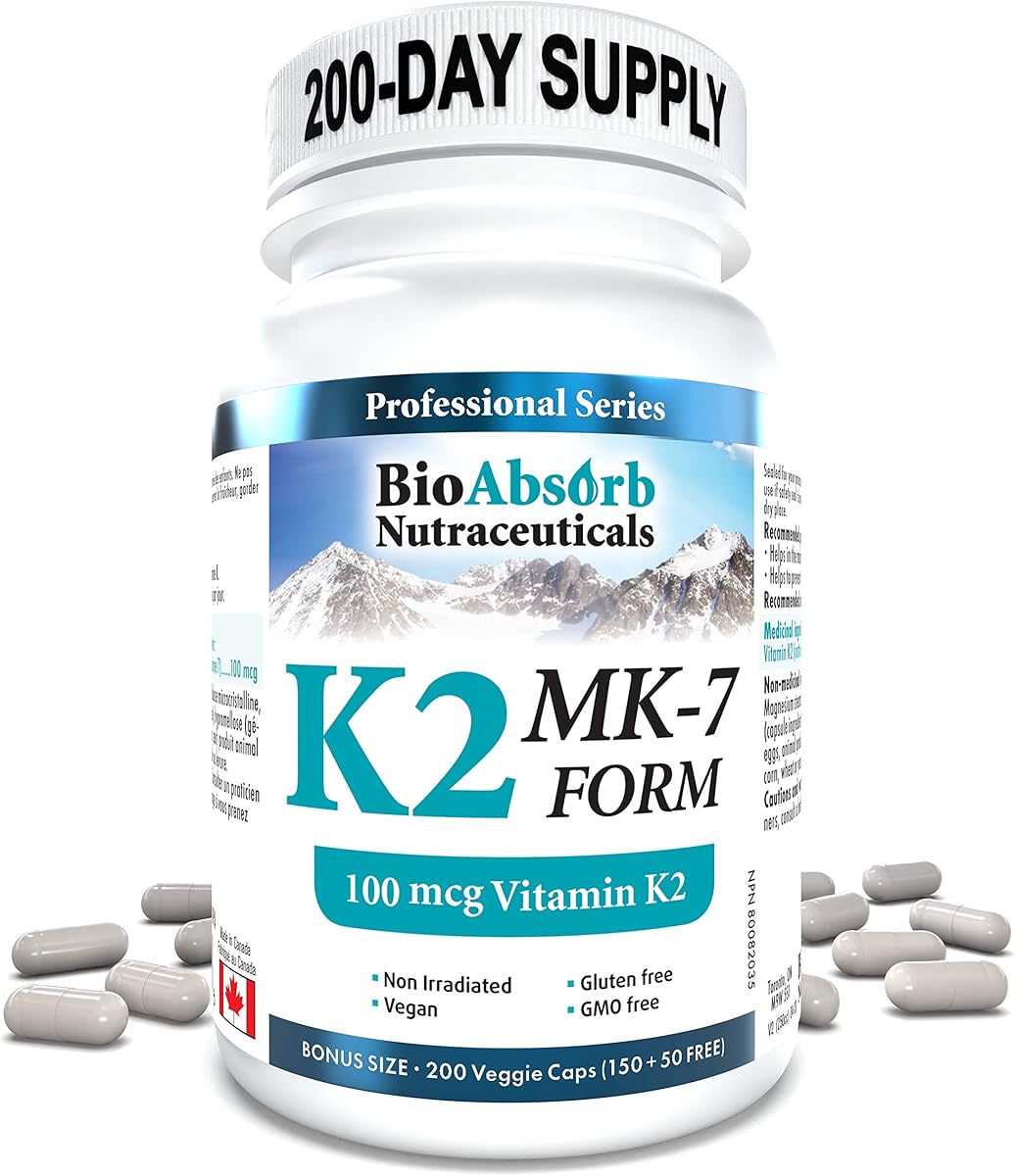 Bio Absorb Nutraceuticals Vitamin K2 MK-7 100 mcg. 200-Day Supply of K2 Vitamin Supplement (200 Veggie Vitamin K Capsules, MK7 Form)