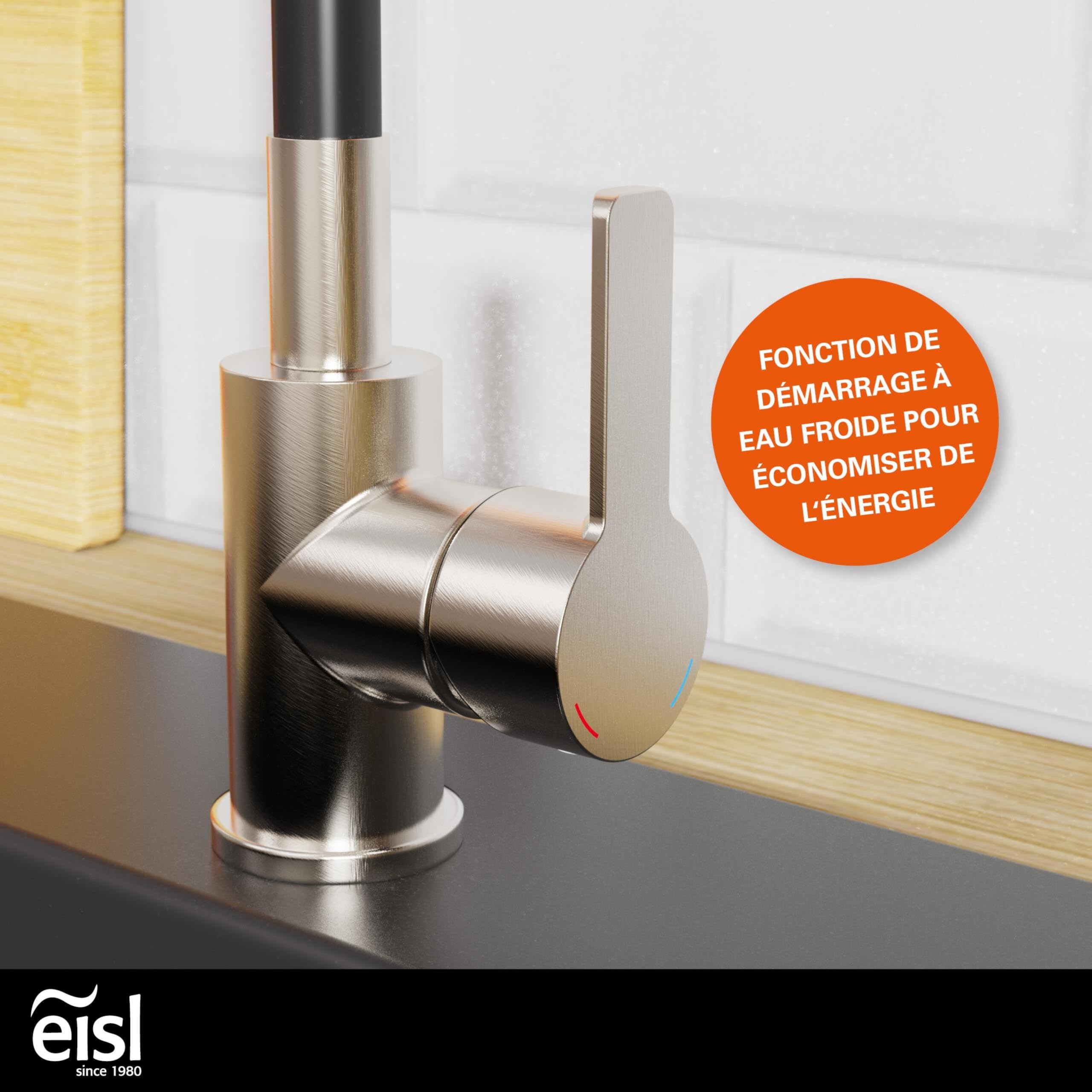 EISL Flexo NI186FLNIB Robinet d'évier de cuisine flexible en acier inoxydable/noir, bec haut avec tuyau doux au toucher, orientable à 360 degrés, économie d'eau
