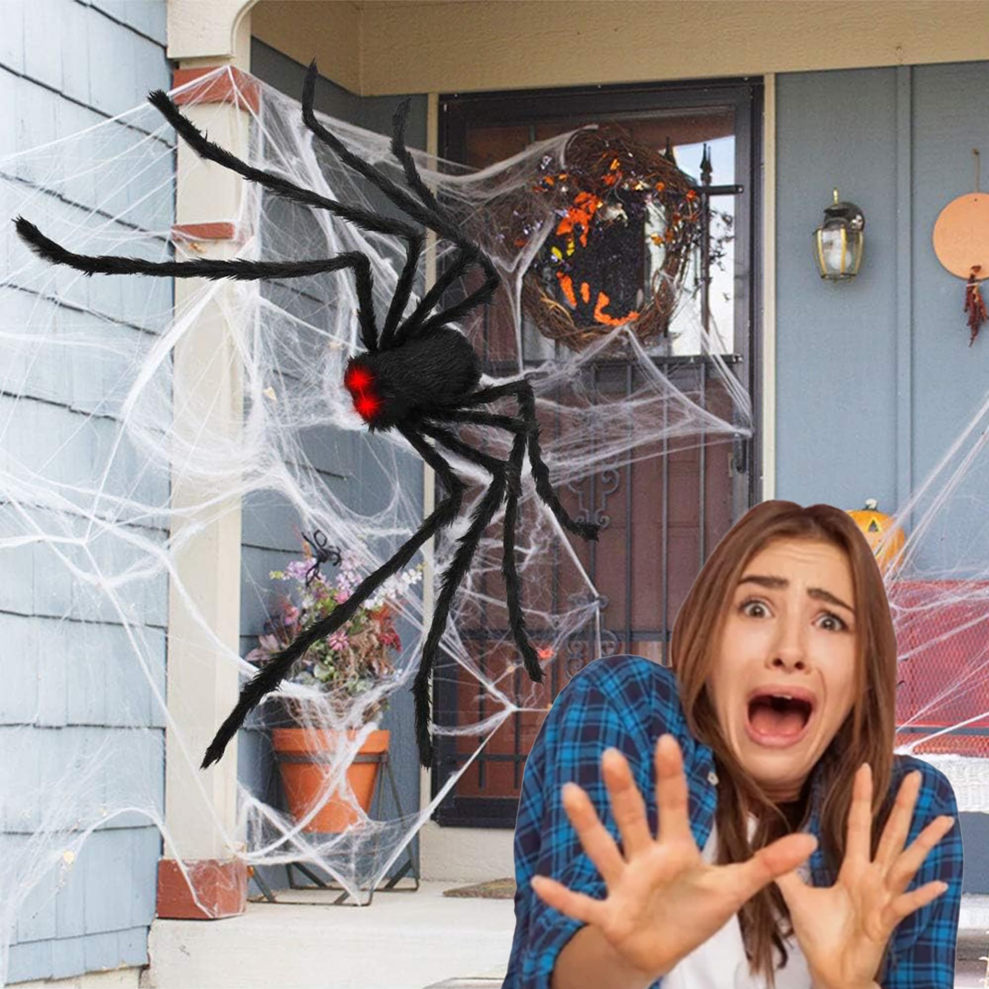 GRO VITS - Set di decorazioni per Halloween, 500 cm, triangolo gigante ragnatela con 5 picchetti di fissaggio e grande ragno peloso nero da 100 cm, oggetti di scena spaventosi per Halloween per casa