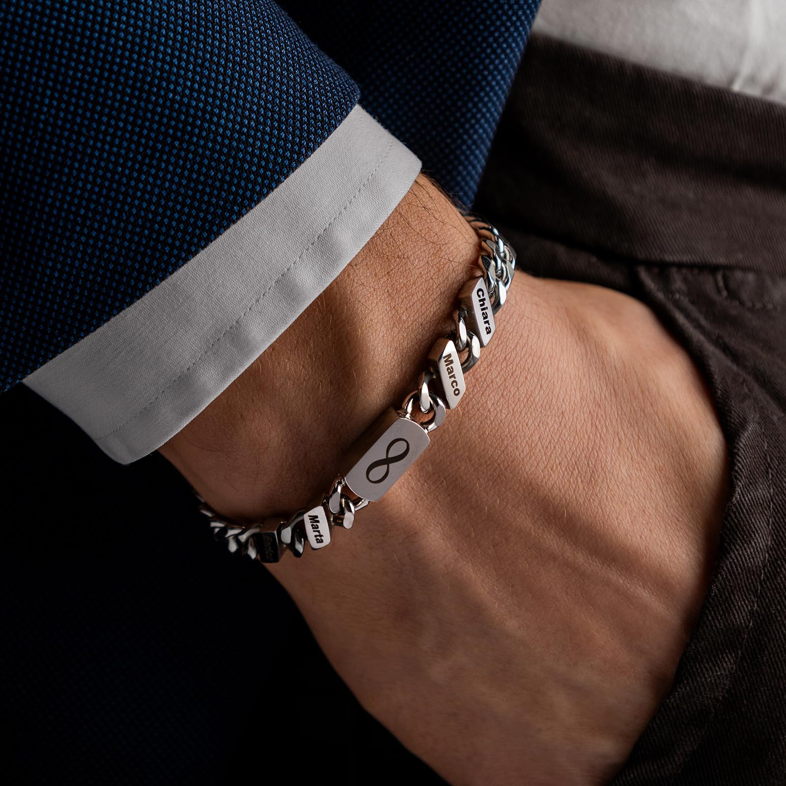ALMENDRA Bracciale da uomo personalizzato a catena con nomi figli personalizzabile data in acciaio inossidabile