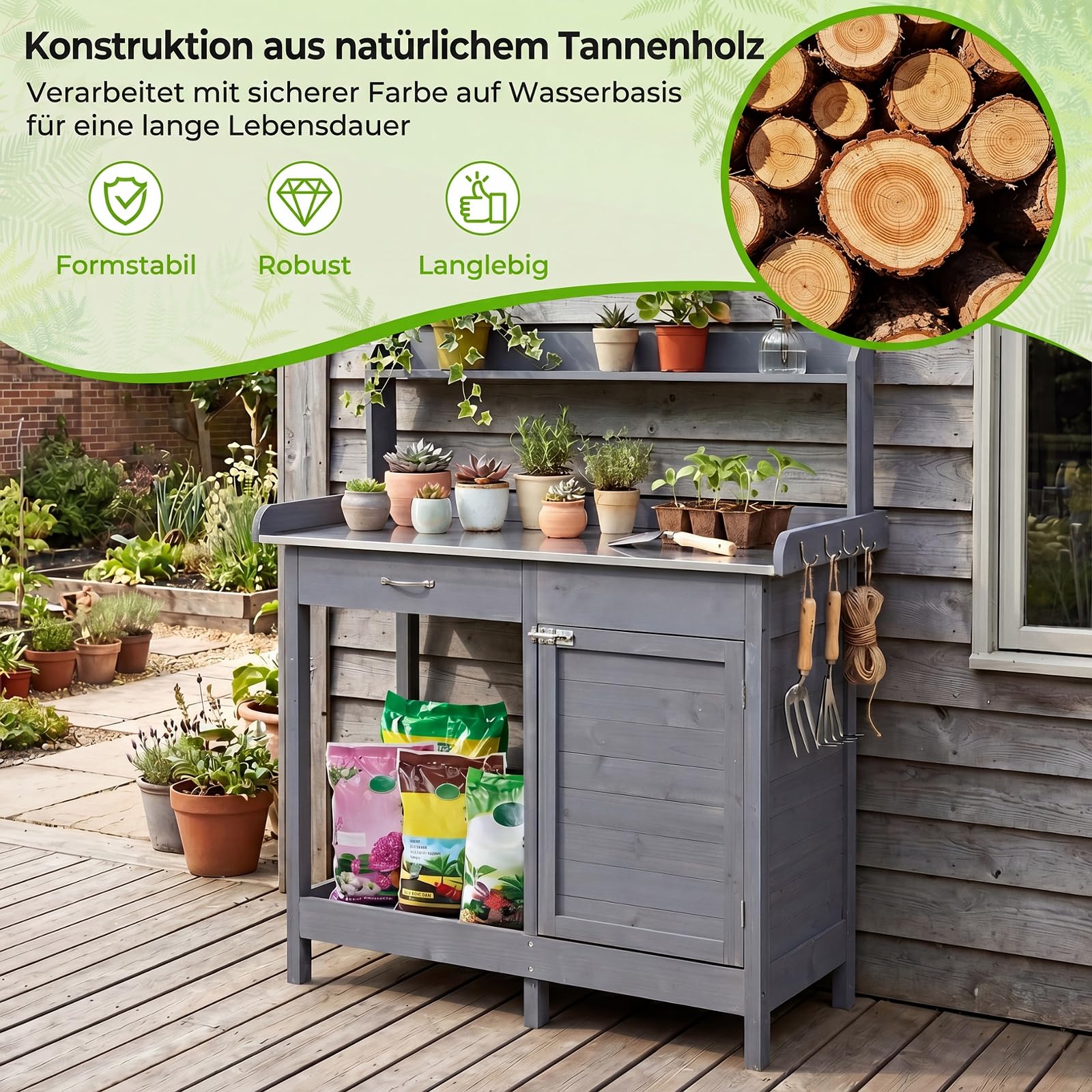 COSTWAY Pflanztisch mit Schubladen & Unterschrank, Gärtnertisch Outdoor