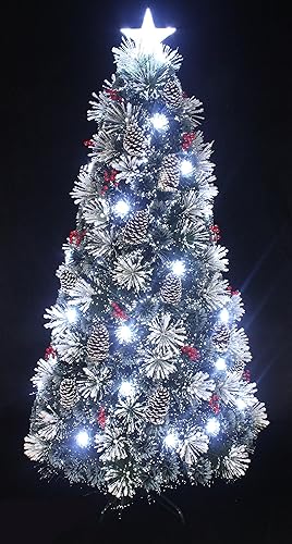 Árbol de navidad preiluminado, blanco nieve, árbol de navidad con fibra óptica con luz LED blanca y punta de estrella