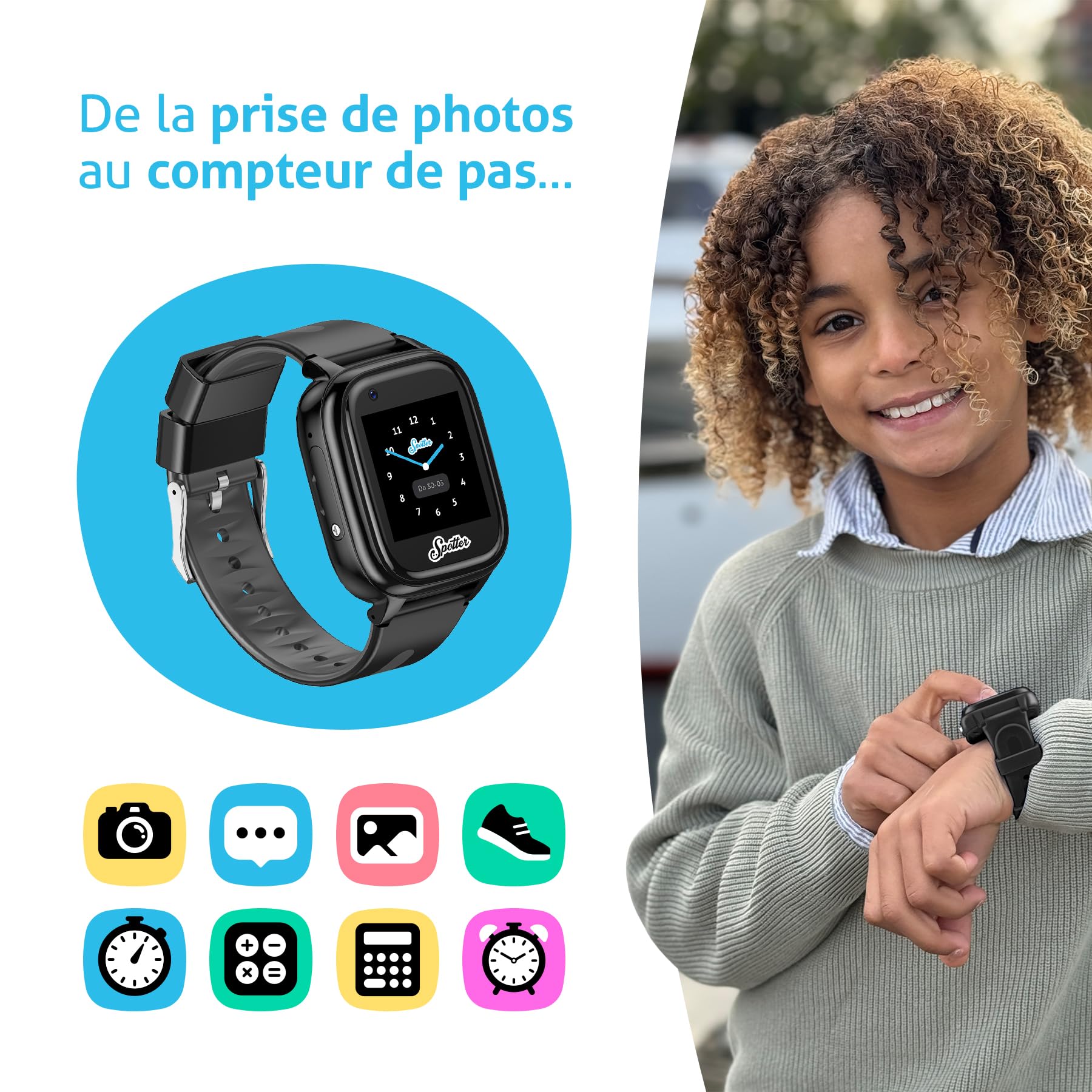 Spotter GPS Watch Explorer - Smartwatch étanche avec Suivi GPS, Alarme SOS, Appel, caméra, Chat, Compteur de Pas - Périodes d'utilisation à coût Fixe, sûre pour Les Enfants, Noir