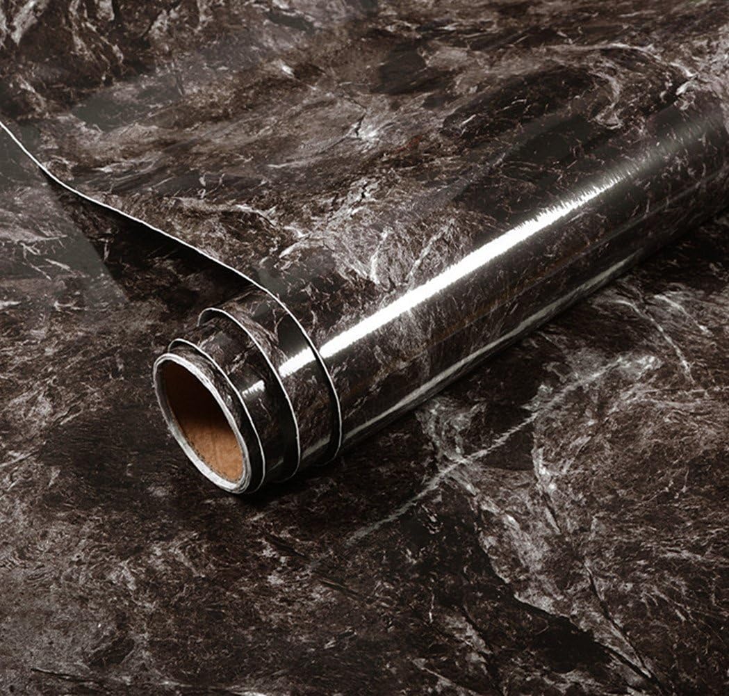 REDODECO Brown Marble Adhesive Paper Gloss Vinyl Wrap Film for Kitchen Countertop Peel Stick Wallpaper Decal 15.8inch x79inch (Drak Brown)