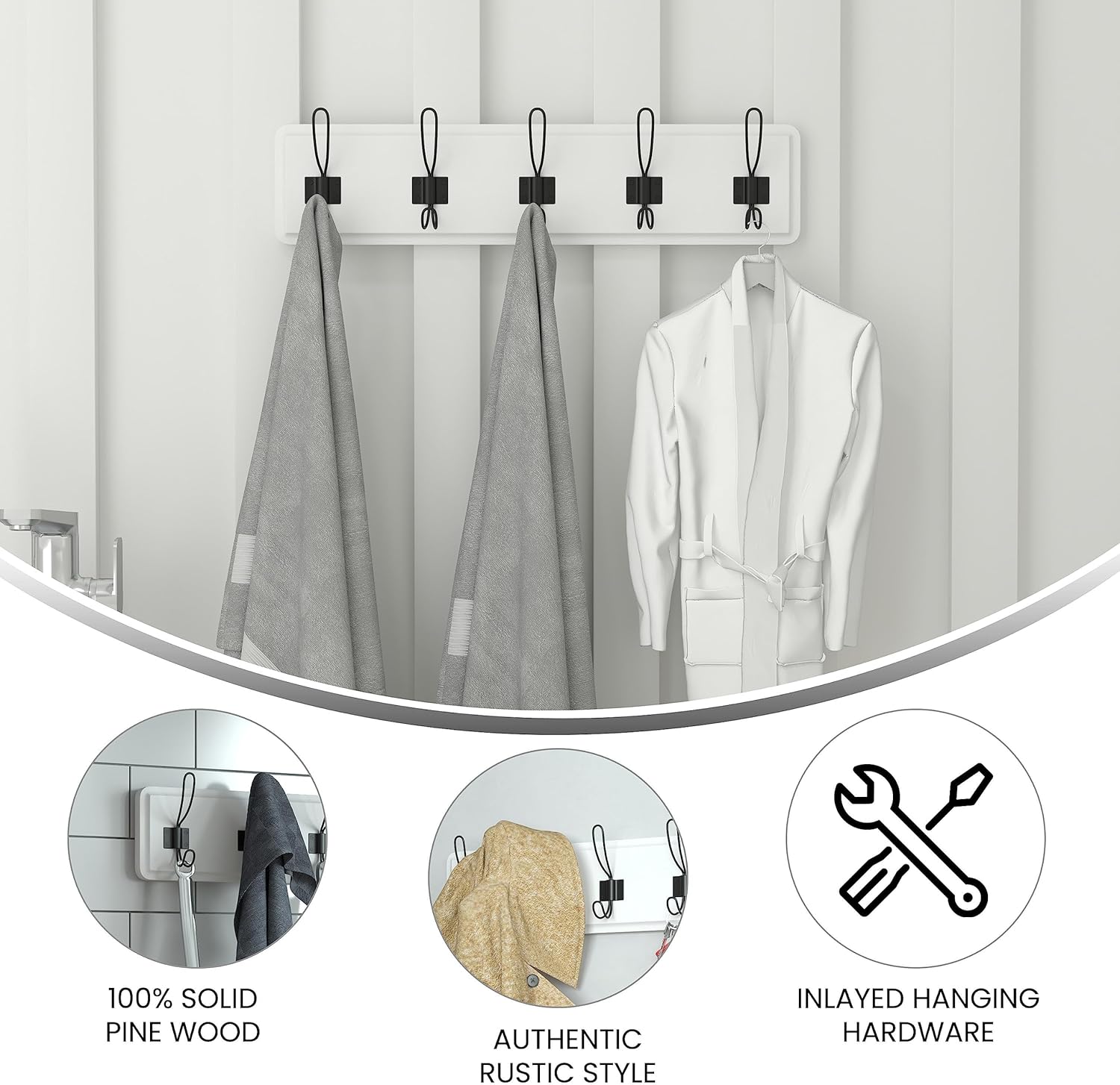 Flash Furniture Daly Wall Mounted Storage Rack - Solid White Solid Pine Wood - 24 Inch - 5 Hanging Hooks - for Entryway, Kitchen, Bathroom