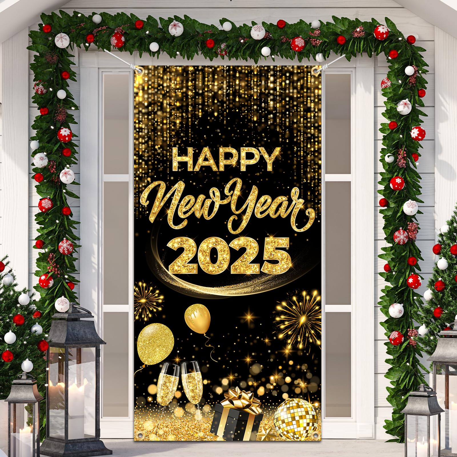 Happy New Year 2025 Party Decoration Glitter Black Gold New Year Eve Hanging Door Banner Cheers Champagne Fireworks Photo Background Indoor Outdoor