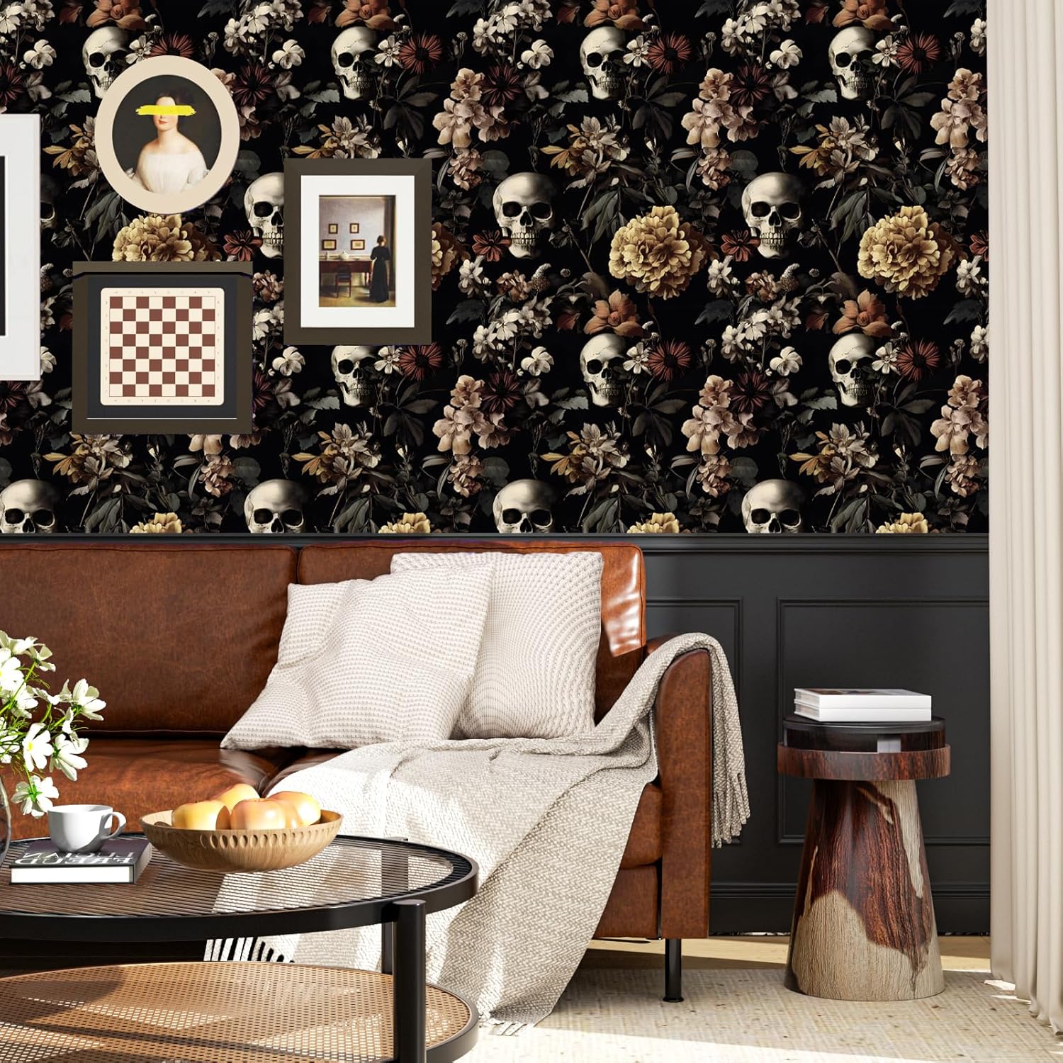 BOKEBEVE Extra Long Gothic Wallpaper Stick and Peel Sugar Skull Wall Paper Vintage Black Contact Paper for Shelf Liner Cabinet Accent Walls Renter Friendly Removable 17.5 x 393.5In
