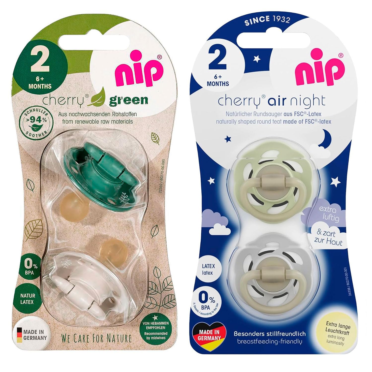 NIP Cherry-Form Latex Dummy 6-32 Months, Pack of 4, Day & Night, Made in Germany