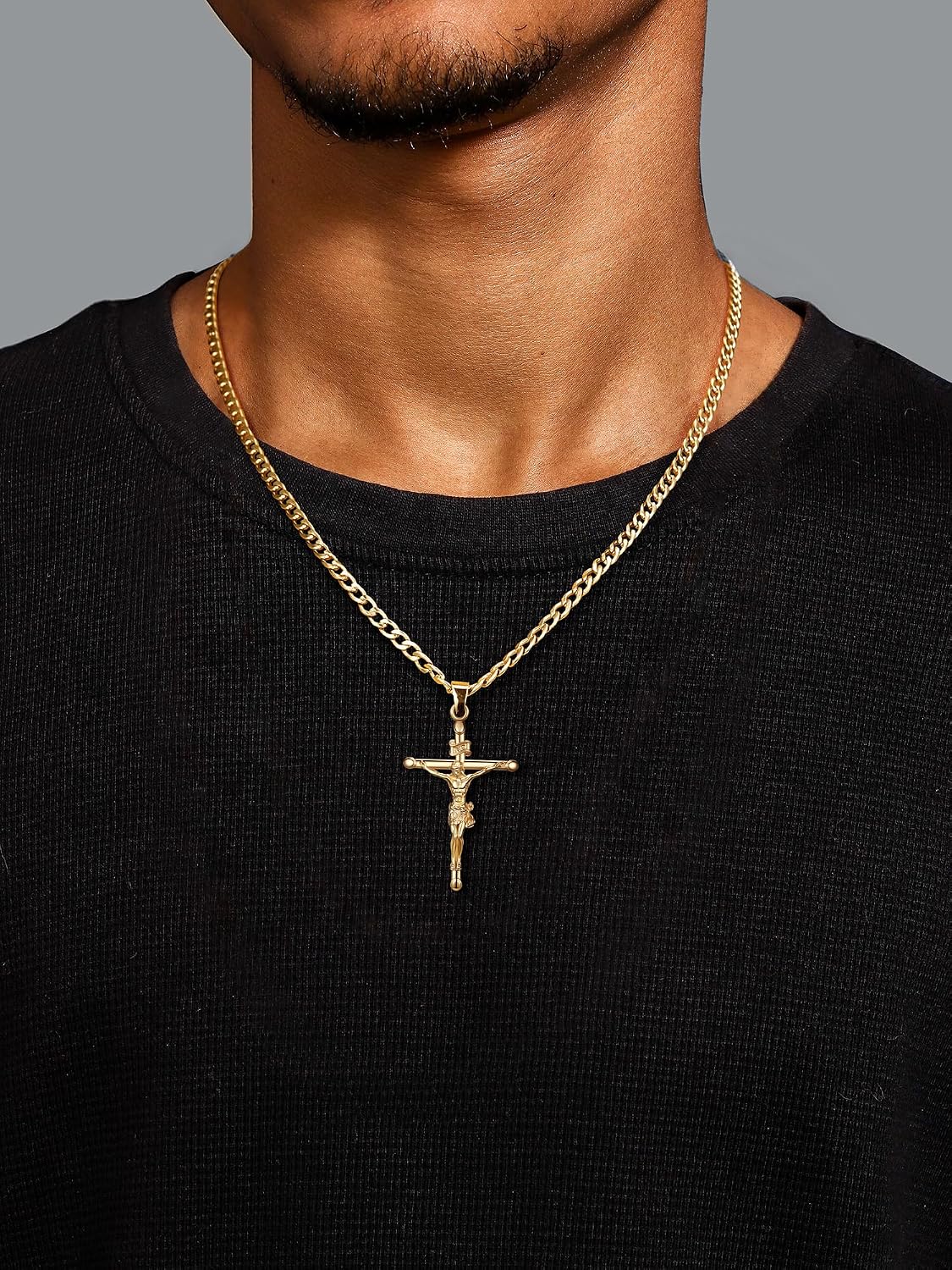 NORBU 18K Gold over S925 Crucifix Necklace for Men with Rope/Cuban Chain, Catholic Jesus Cross Pendant, Men's Religious Gift for Easter Christmas