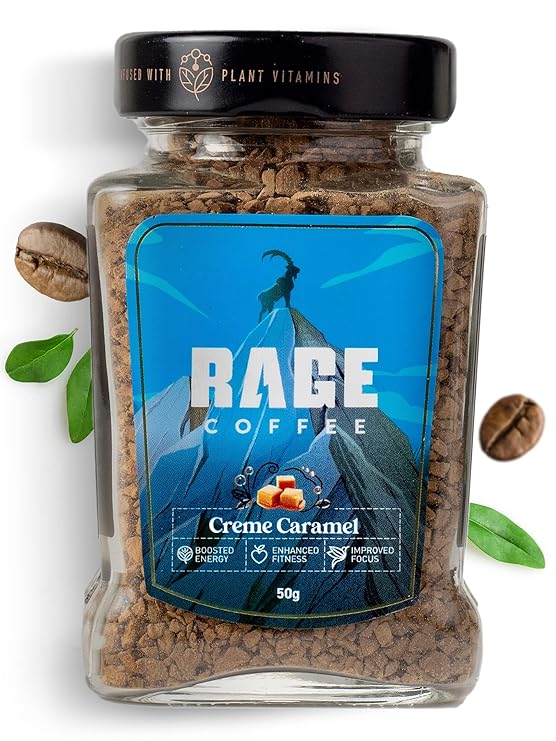 RAGE COFFEE Creme Caramel – Flavored Instant Coffee Powder for both Hot & Cold Coffee, 100% Single Origin Arabica Coffee Beans Powder, Premium Coffee Infused with Plant Vitamins (CREME CARAMEL, 50g) at Rs. 174