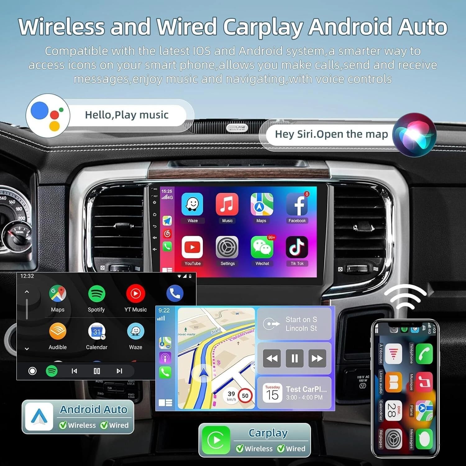 Surakey 2+64GB Android13 Radio Car Stereo Compatible for Dodge Ram 2013-2019, 9'' Touch Screen with Carplay Wireless Android Auto Head Unit Double Din GPS Navi Sat Nav WiFi Bluetooth FM RDS w/Cam