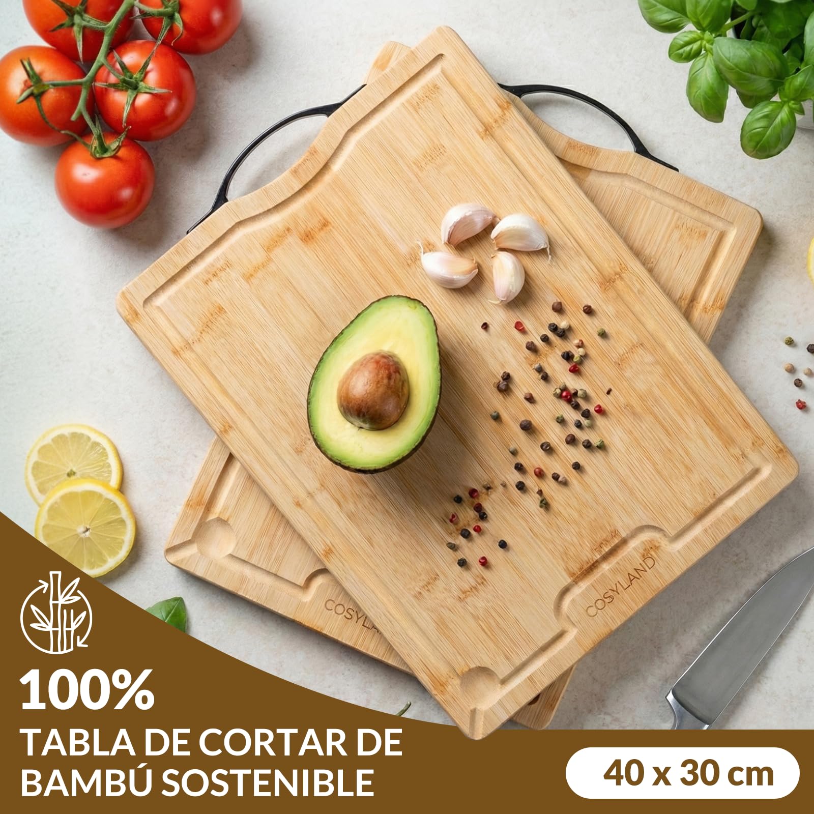 COSYLAND Tabla de Cortar de Madera 40x30x2 cm Preaceitada con Ranura para Jugos y Patas Antideslizantes