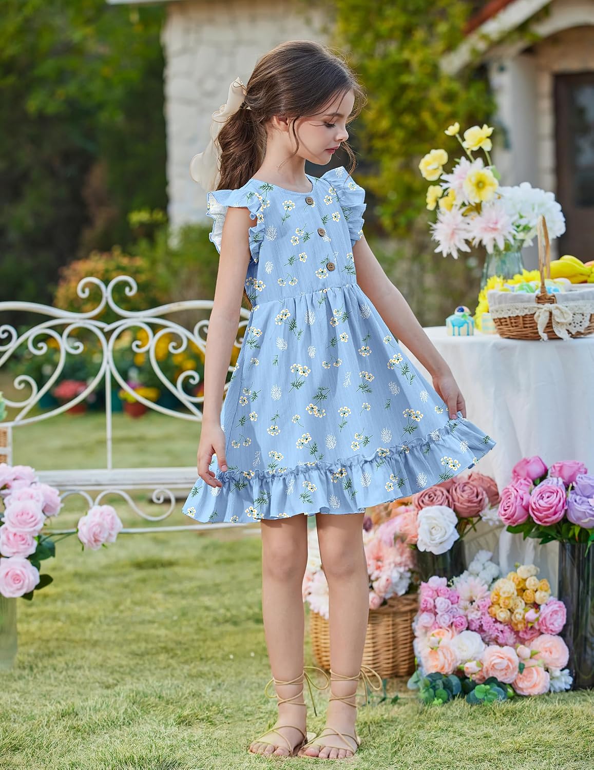 Arshiner Toddler Girls Dress Ruffle Sleeveless Button Down Dresses Summer Beach Casual Sundress with Pocket for 1-7Y image 5