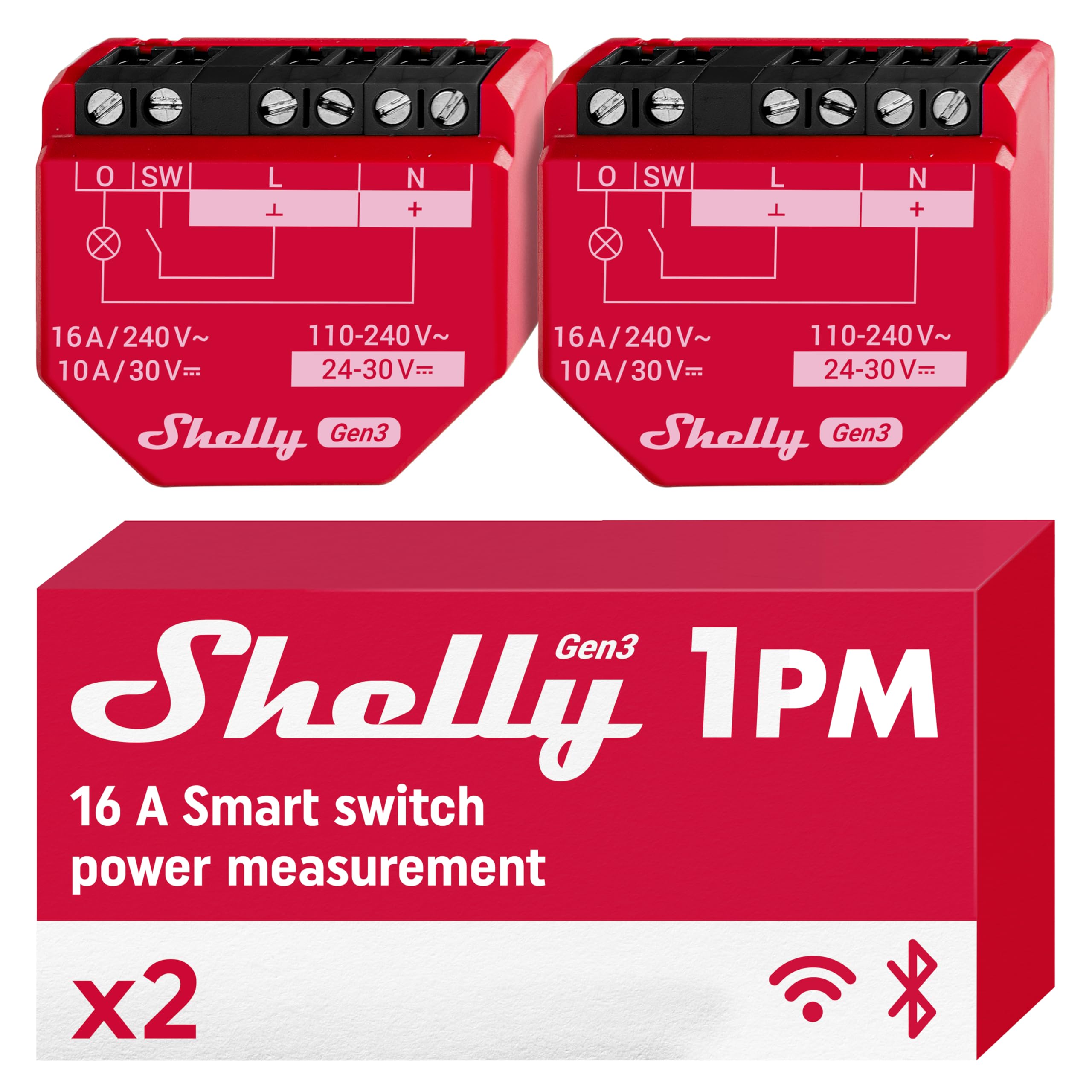 Shelly 1PM Gen3, Wi-Fi Smart Relay Switch, 16A, Power Monitoring, Real-Time Power Metering, Home Automation, Alexa & Google Home, iOS & Android, No Hub Required (2 Pack)