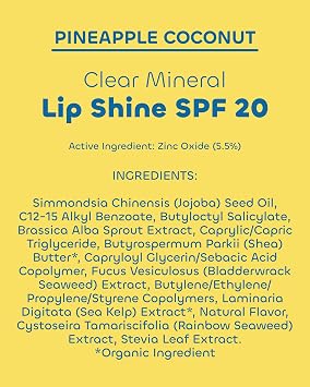 Seaweed Bath Co. Hydrating Clear Mineral Lip Shine - SPF 20 Sunscreen Zinc Oxide Lip Balm - Nourishing Care to Hydrate & Protect Dry, Chapped Lips - Natural Pineapple Coconut Flavor- 0.28 oz