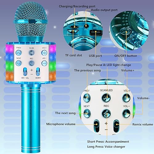 Miniatura 6 de Micrófono de karaoke para niños, inalámbrico Bluetooth portátil de mano, micrófono de karaoke para cantar, con luces LED, regalo para niñas, niños y