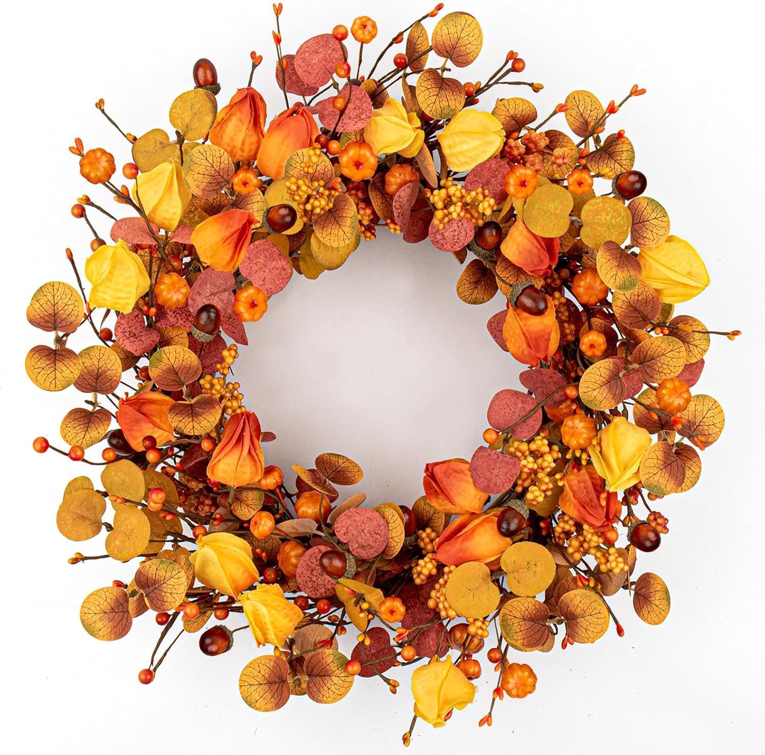 22 Inches Fall Wreaths Rustic Autumn Wreath Farmhouse Harvest Wreaths for Front Door with Berry Pumpkins for Wall Window Porch Decor