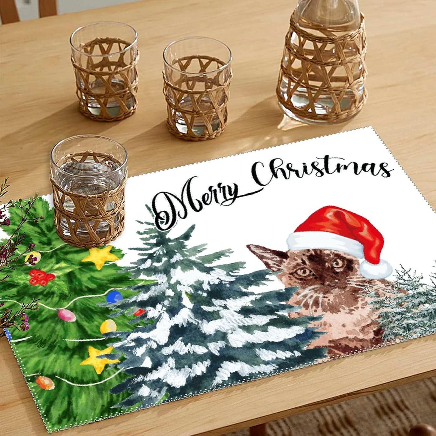Placemat Meowy Christmas Cat Table Decoration Holiday Banquet Kitchen Dining Polyester Table Mat Set of 6 Meowy Catmas Cat with Red Hat Farmhouse Placemats Non Slip Washable Place Mats