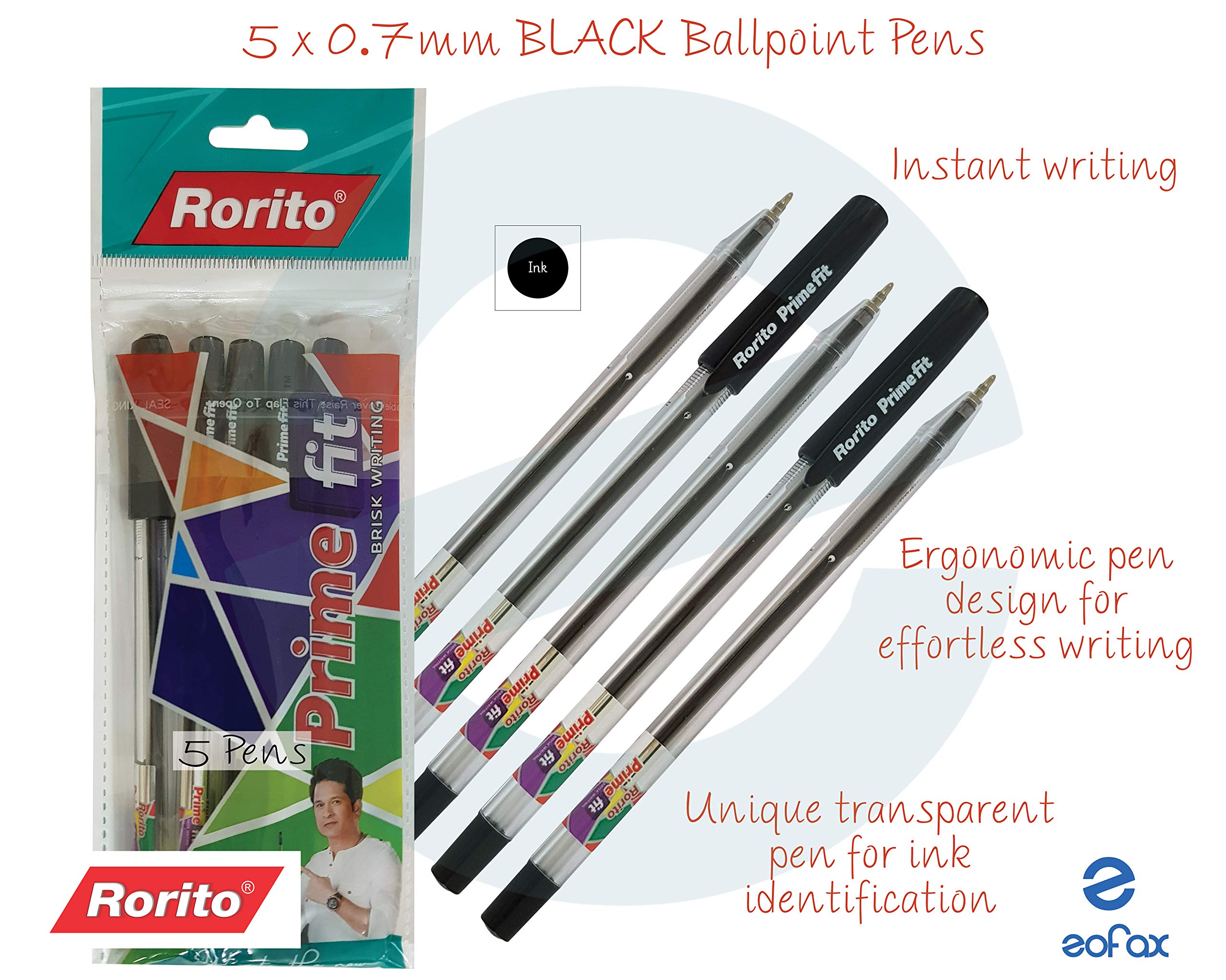 5 x 0.7mm RORITO Prime Fit BLACK Fine Ballpoint Pens Smooth Writing Soft Grip
