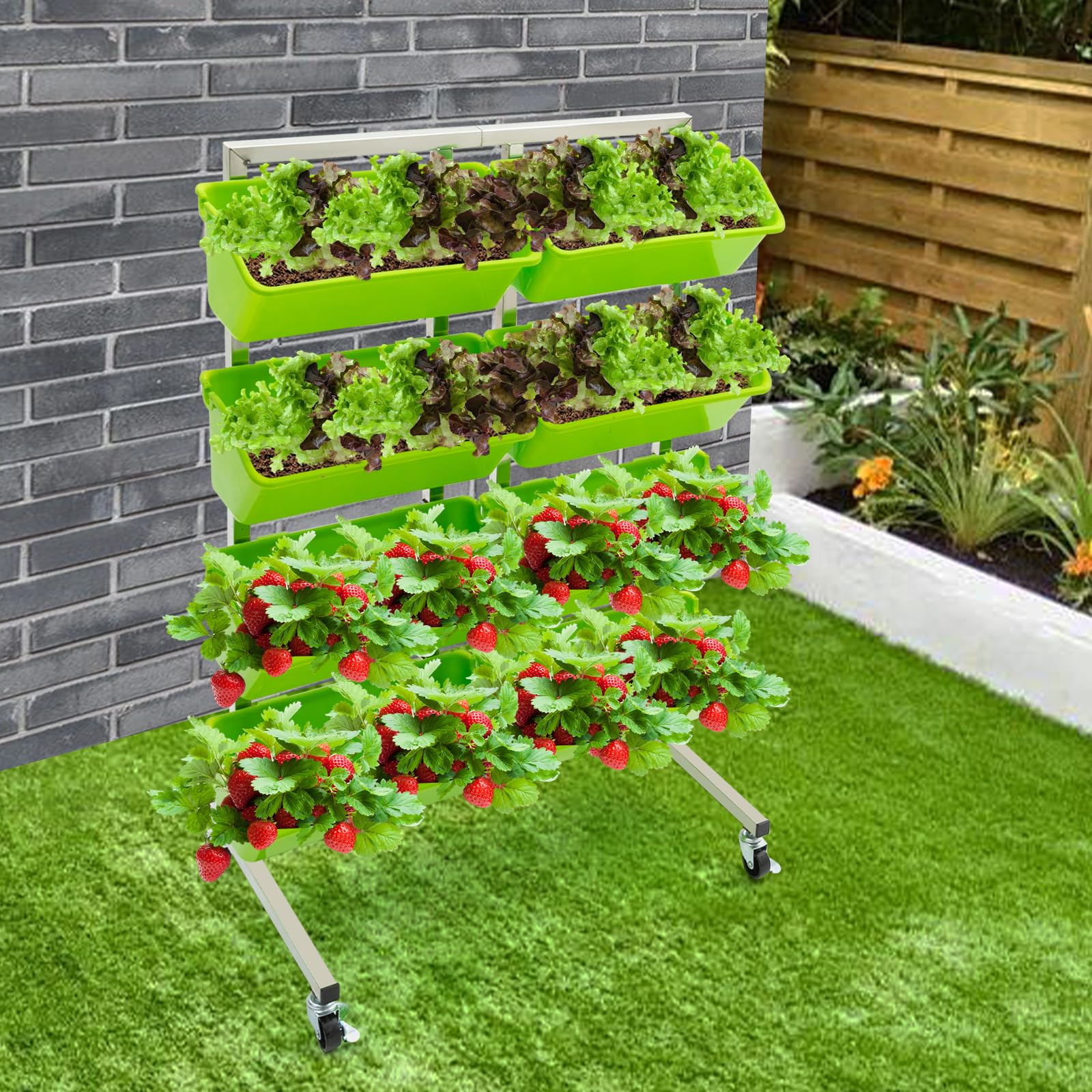 DYNAMI Vertical Garden Planter,4 Tier Raised Garden Bed with Wheels,Stainless Steel Herb Planter 8 Buckets with Drainage Holes, for Indoor Outdoor Vegetable Planting (Bright Green)