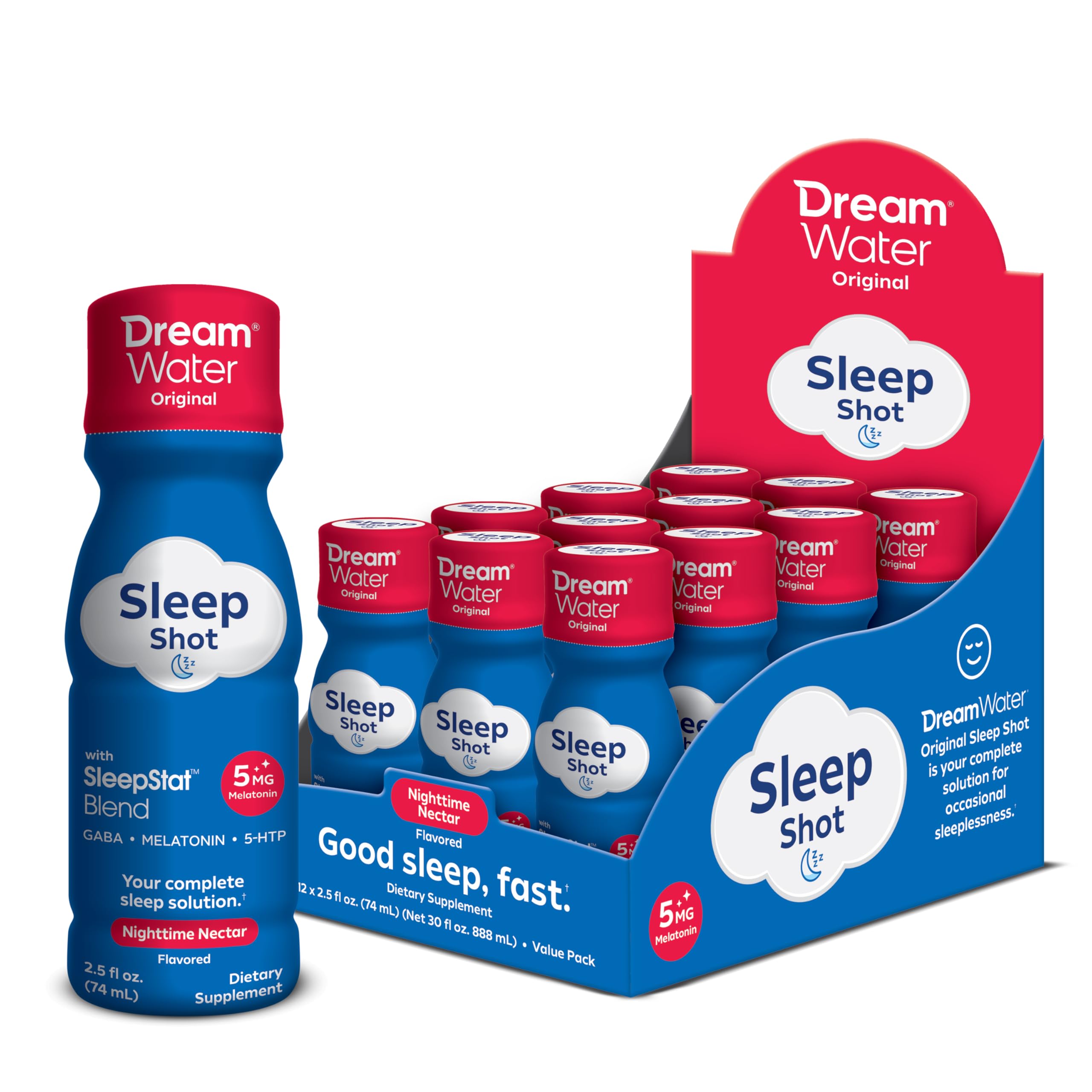 Dream Water Natural Sleep Aid, GABA, MELATONIN, 5-HTP, 2.5oz Shot, Nighttime Nectar 12 Count