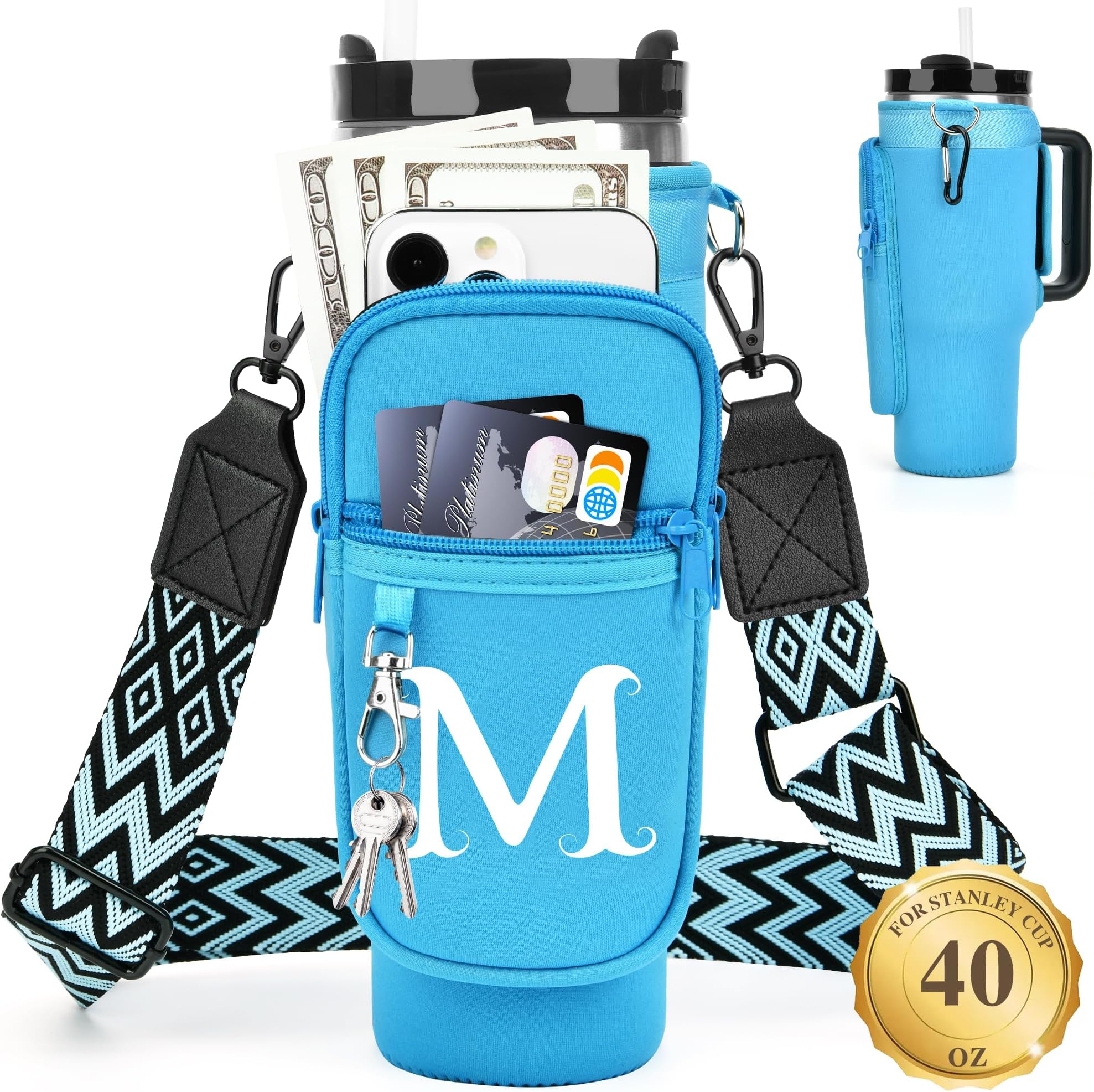 Initial Water Bottle Holder with Strap for Stanley 40 oz Tumbler, for Simple Modern 40 oz Tumbler, Graduation Gift with Phone Pocket, Carabiner, Personalized Gift for Stanley Cup Accessories Blue M