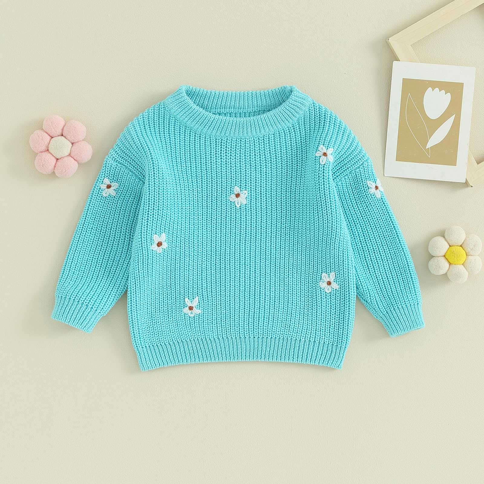 Autumn Winter Warm Outfits Baby Girl Cute Long Sleeve Knitted Sweater Pullover Top(L-Light Blue Flower,4-5T)