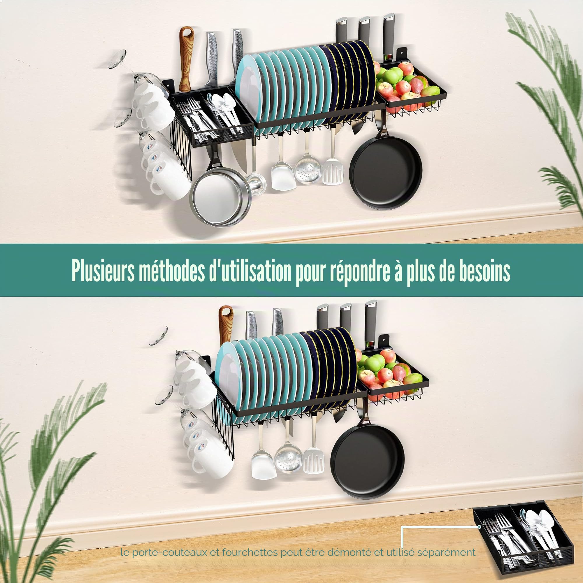 Support mural réglable en acier inoxydable pour sécher la vaisselle au-dessus de l'évier, support de casseroles de grande capacité avec support d'ustensiles