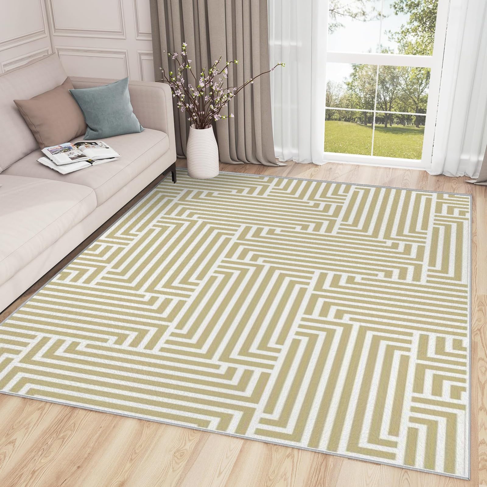 Labyrinth Waschbarer Kurzflor Teppich 160x230 cm – Groß & rutschfest, Vintage Teppiche, Ideal für Wohnzimmer & Esszimmer QJ72